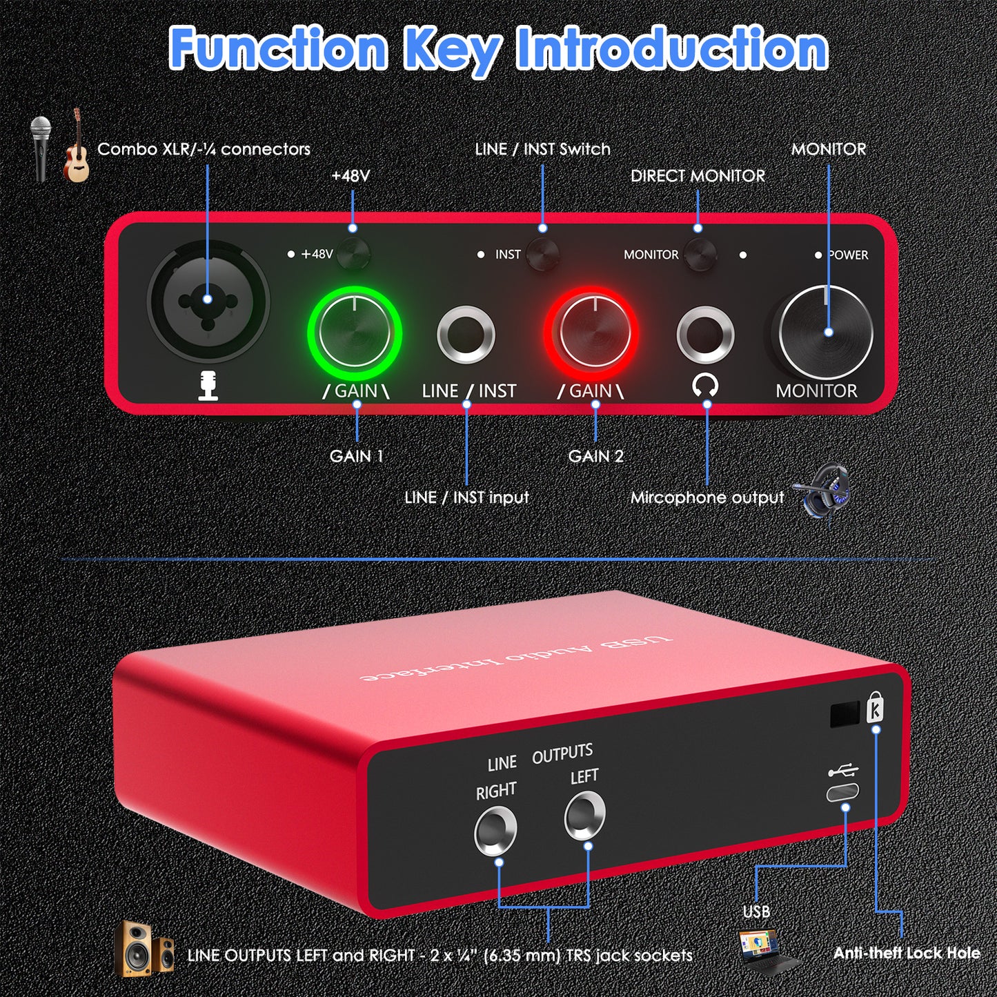 USB Audio Interface Solo with 48V Phantom Power 24Bit/192kHz Works with Most DAWs and Recording Software, USB Audio Interface Plug and Play Perfect for Podcasting, Recording and Live streaming