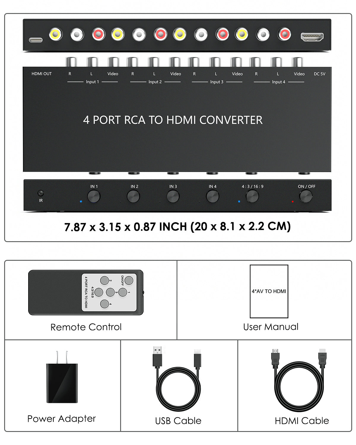 4 Port RCA to HDMI Converter, Dual AV to HDMI Converter Supports 16:9/4:3 Composite to HDMI Adapter Support 1080P   PAL/NTSC Compatible with Sega/Xbox/PS1/PS2/PS3/WII/N64/VHS, VCRs, and DVD Players