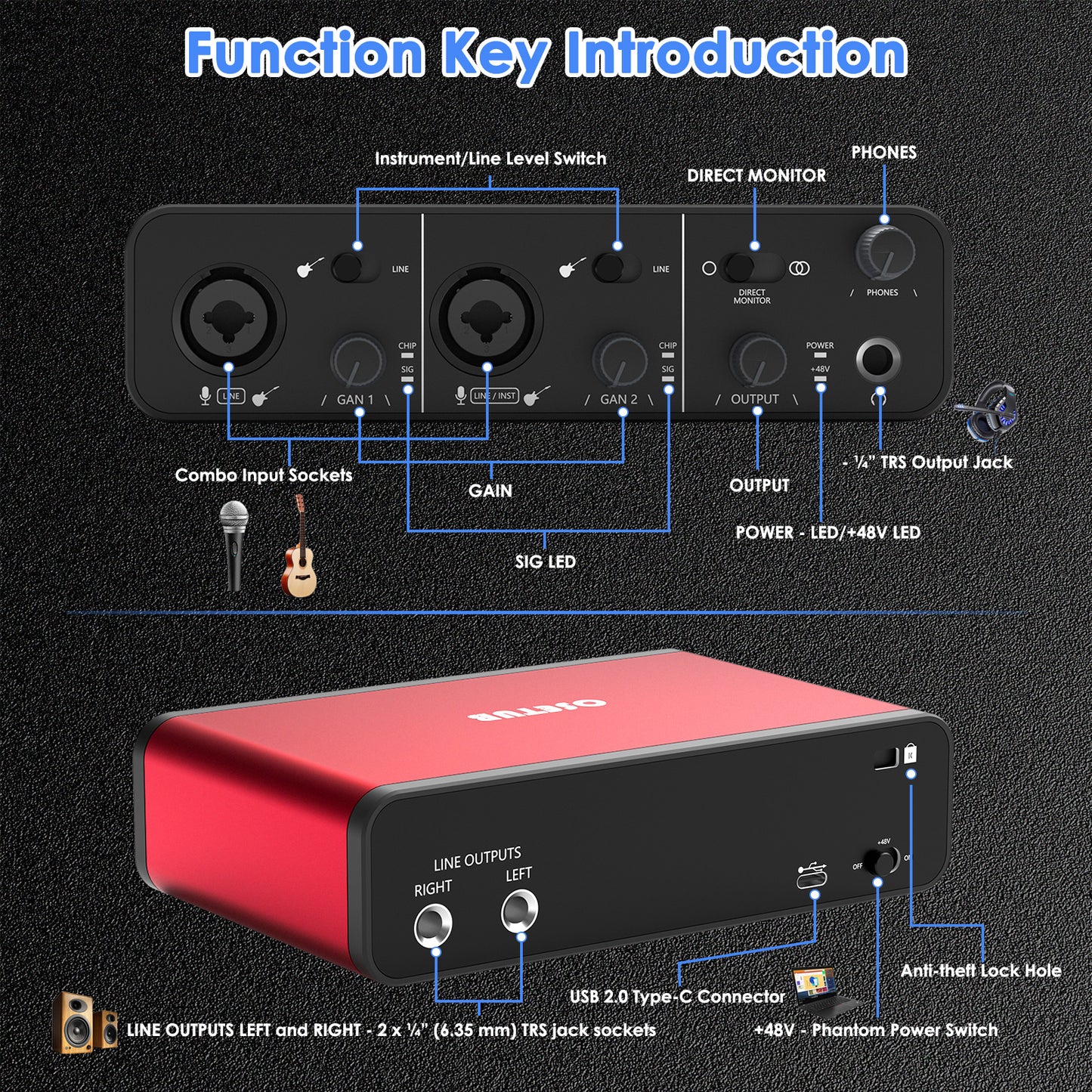 2i2 USB Audio Interface with 48V Phantom Power 24Bit/192kHz for the Musicians, Vocalist, Podcaster or Producer,USB Audio Interface Works with Most DAWs and Recording Software