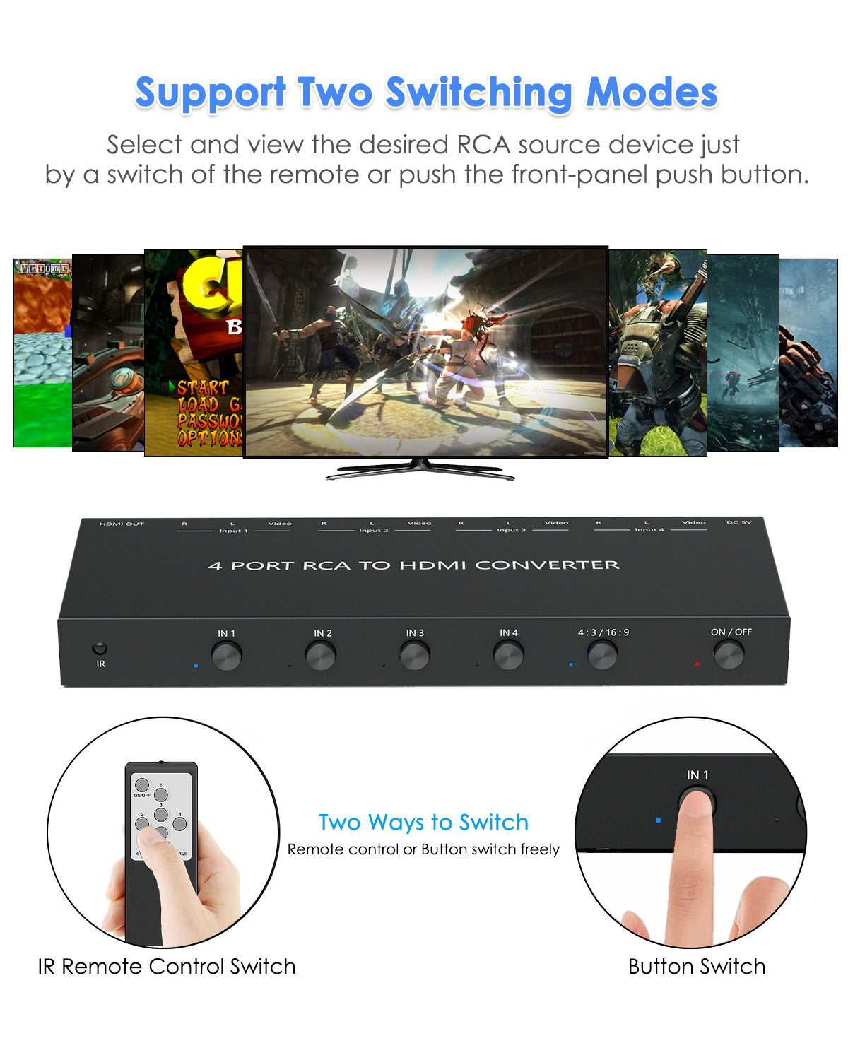 4 Port RCA to HDMI Converter, Dual AV to HDMI Converter Supports 16:9/4:3 Composite to HDMI Adapter Support 1080P   PAL/NTSC Compatible with Sega/Xbox/PS1/PS2/PS3/WII/N64/VHS, VCRs, and DVD Players