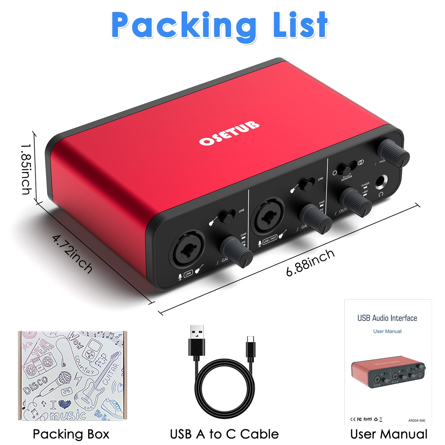 2i2 USB Audio Interface with 48V Phantom Power 24Bit/192kHz for the Musicians, Vocalist, Podcaster or Producer,USB Audio Interface Works with Most DAWs and Recording Software