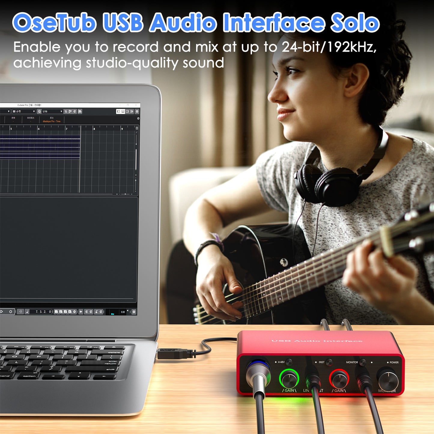 USB Audio Interface Solo with 48V Phantom Power 24Bit/192kHz Works with Most DAWs and Recording Software, USB Audio Interface Plug and Play Perfect for Podcasting, Recording and Live streaming