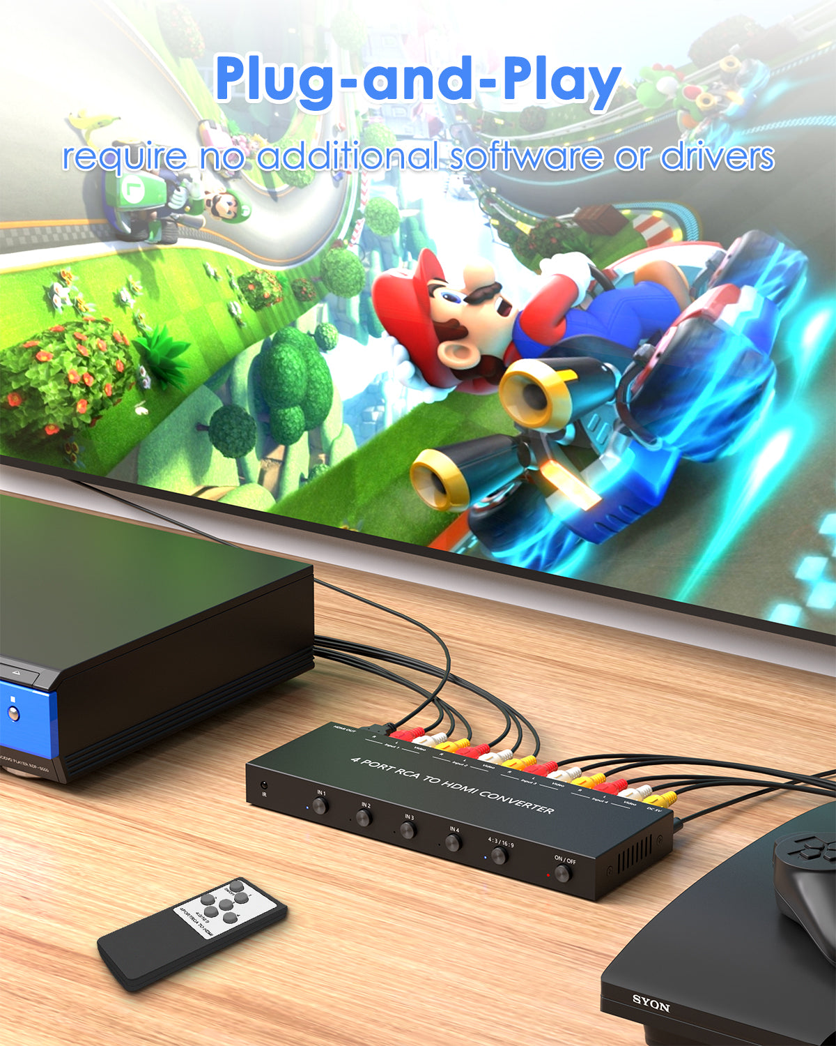 4 Port RCA to HDMI Converter, Dual AV to HDMI Converter Supports 16:9/4:3 Composite to HDMI Adapter Support 1080P   PAL/NTSC Compatible with Sega/Xbox/PS1/PS2/PS3/WII/N64/VHS, VCRs, and DVD Players