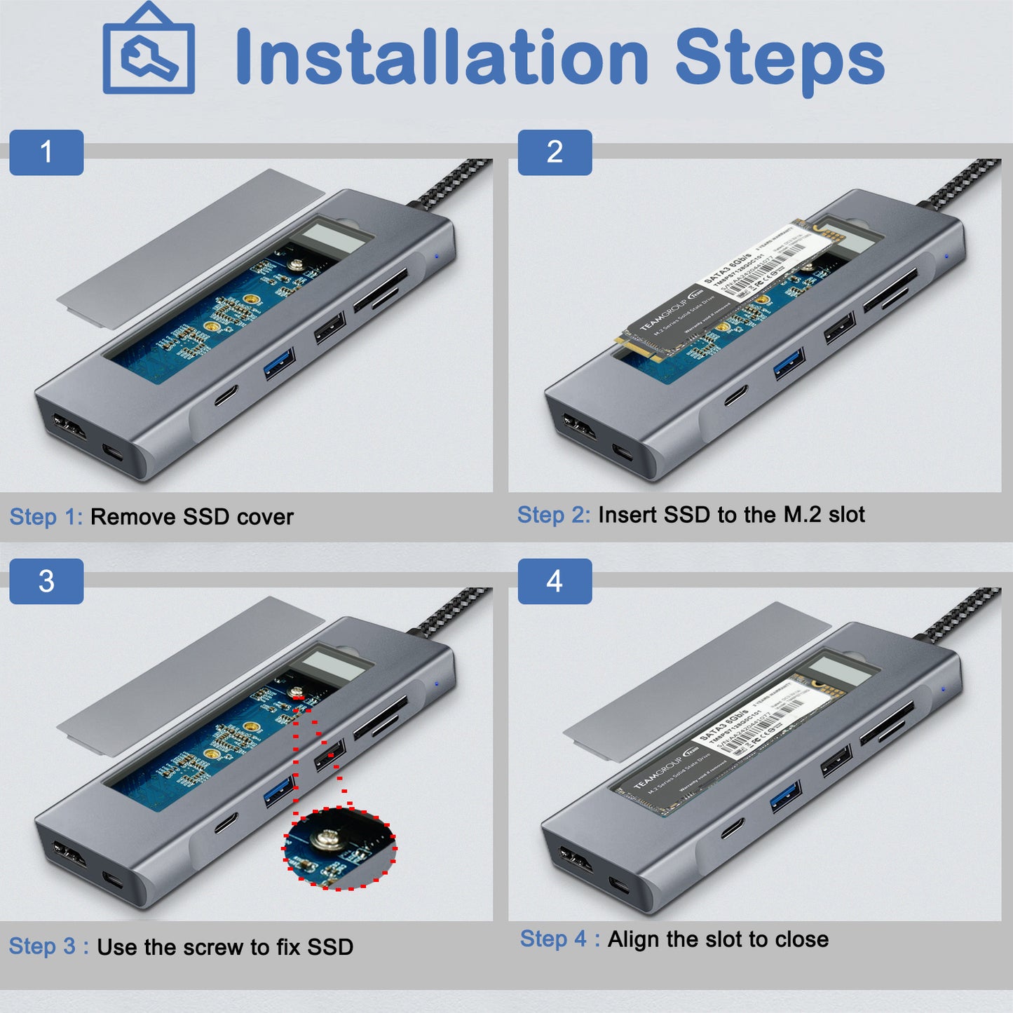 USB-C Hub with Hard Drive Enclosure,8 in 1 USB C Hub Adapter with 2.5 inch M.2 SATA SSD External Hard Drive Enclosure,4K High Definition,2 USB 3.0 Ports,SD/TF Card Readers,100W PD Compatible with MacBook Pro,XPS
