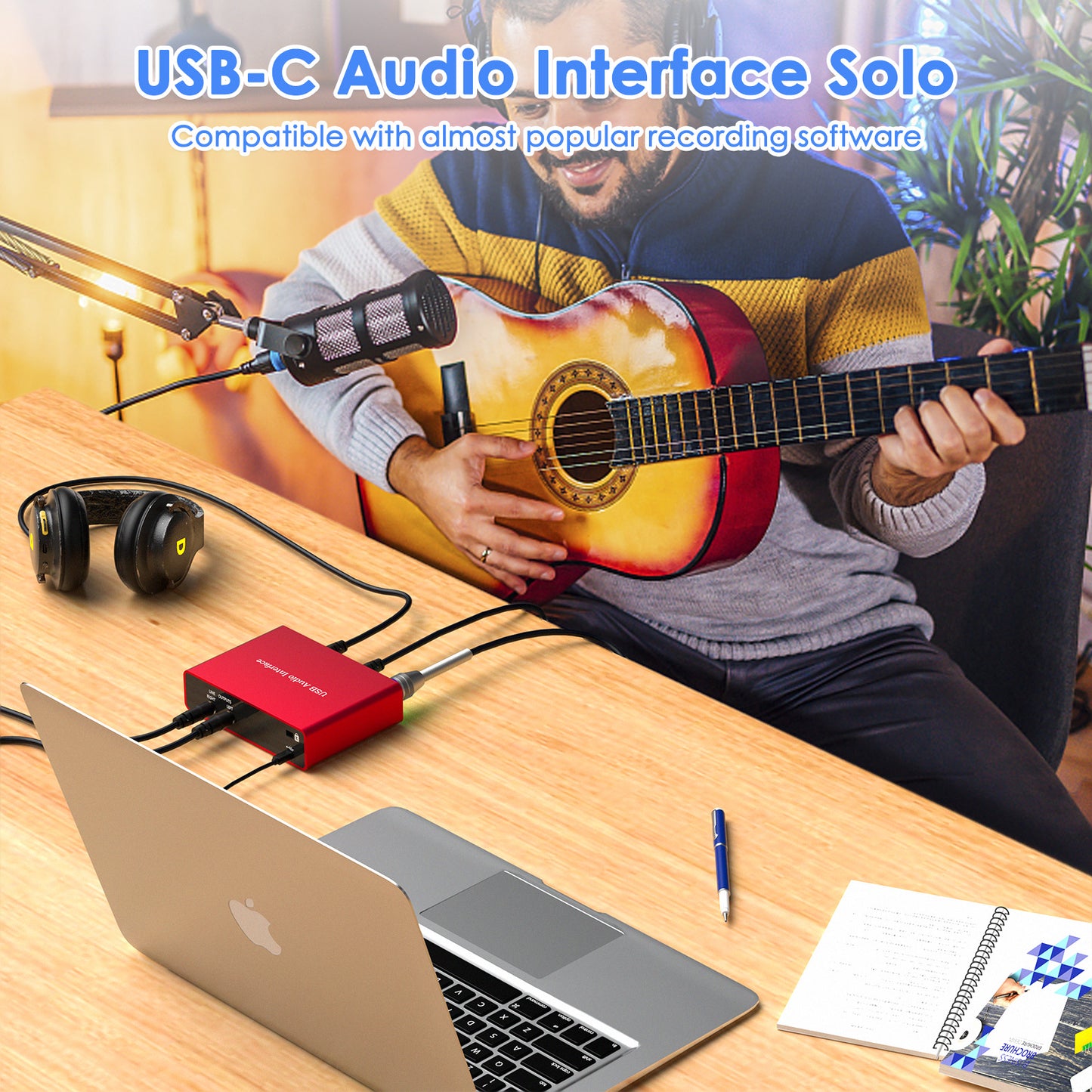 USB Audio Interface Solo with 48V Phantom Power 24Bit/192kHz Works with Most DAWs and Recording Software, USB Audio Interface Plug and Play Perfect for Podcasting, Recording and Live streaming