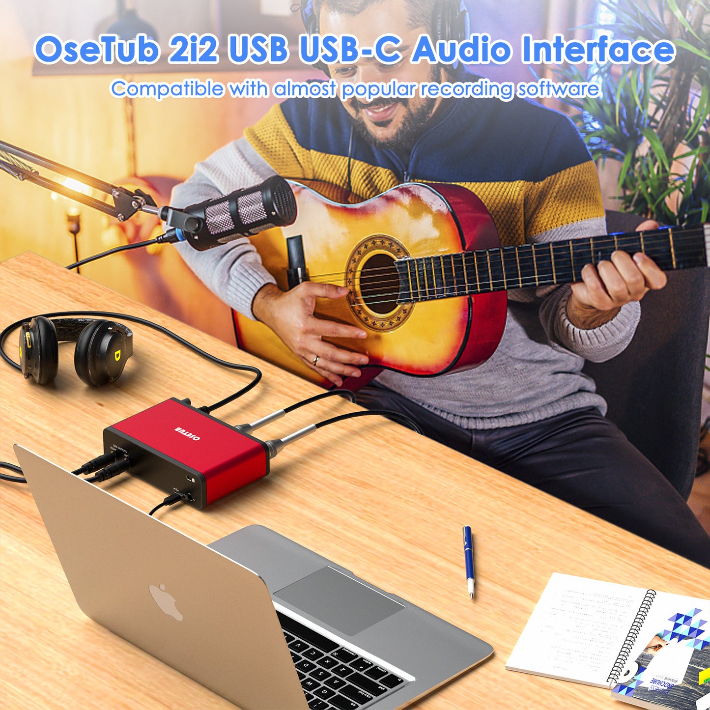2i2 USB Audio Interface with 48V Phantom Power 24Bit/192kHz for the Musicians, Vocalist, Podcaster or Producer,USB Audio Interface Works with Most DAWs and Recording Software