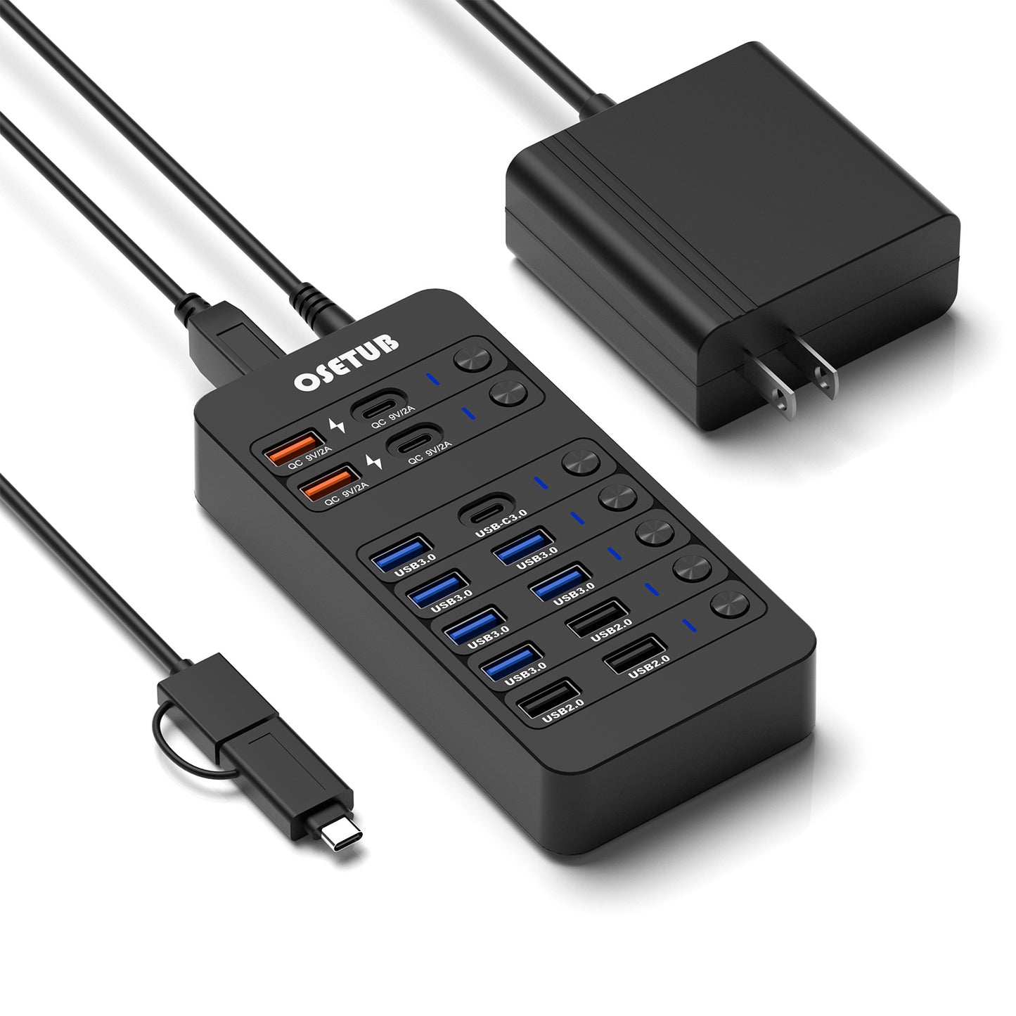 14-in-1 Powered USB Hub with Individual On/Off Switches, 6 USB 3.0, 3 USB 2.0, 2 USB-A/USB-C Charging Ports, 1 USB-C 3.0 Data Port, 1 PD 60W Charging Port, 1 USB 3.0 Type-B for HDD Dock, Ideal for Steam Deck, MacBook, iMac, Surface Pro, PC