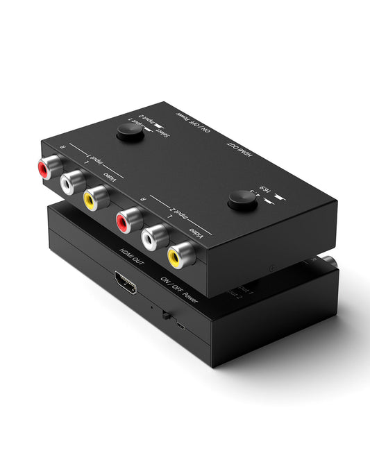 2 Port RCA to HDMI Converter, Dual AV to HDMI Converter Supports 16:9/4:3 Composite to HDMI Adapter Support 1080P PAL/NTSC Compatible with Sega/Xbox/PS1/PS2/PS3/WII/N64/VHS, VCRs, and DVD Players