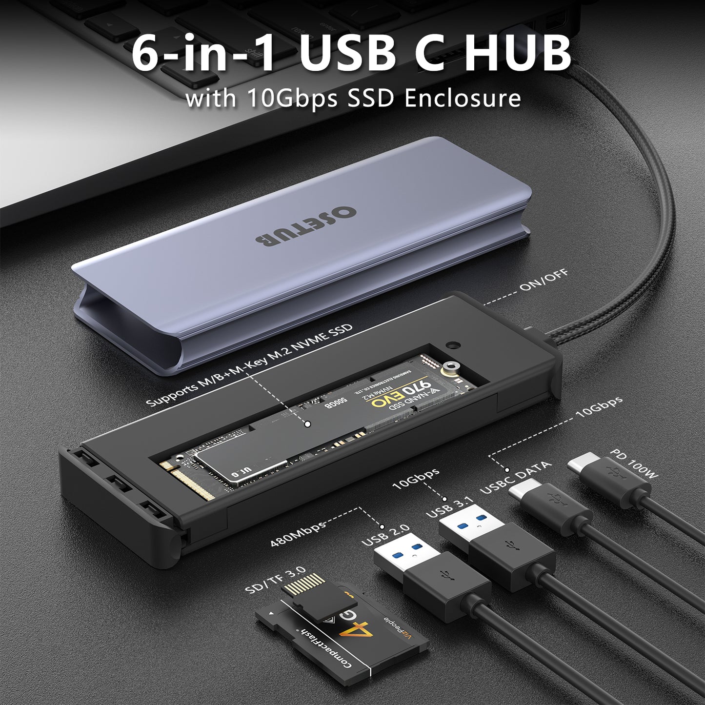 USB C Hub M.2 NVMe SSD Enclosure, 7 in 1 USB C Hub Multiport Adapter Fits PCIe 3.0 NVMe M.2 SSD, with 10Gbps 3.1 Gen2,10Gbps USB-C,100W PD,USB 2.0 Compatible with MacBook Pro and Type-C Devices