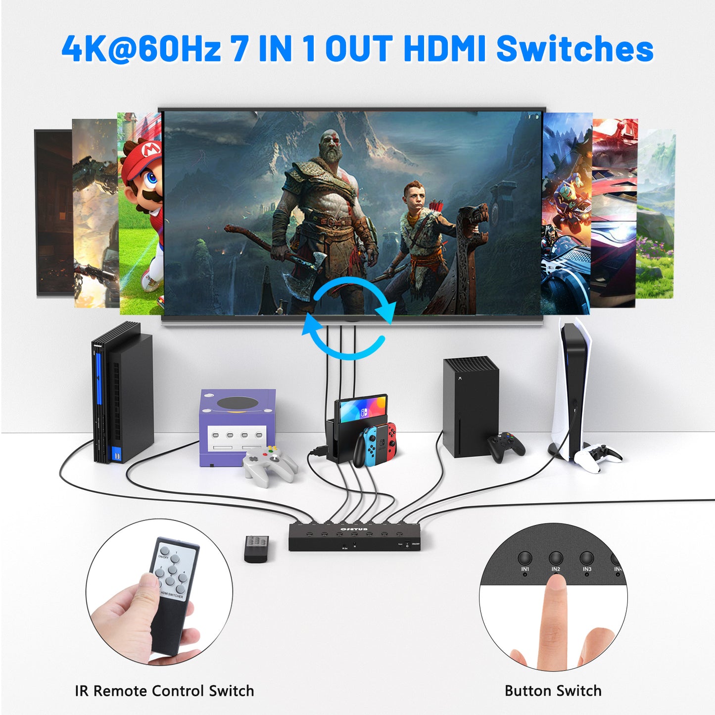 4K@60Hz 7 in 1 out HDMI Switch, 7 Port HDMI Switcher Selector Support HDR10 & HDCP 2.2 & Full 3D with IR Remote Control and ON/OFF Switch for Nintendo Switch,Xbox PS5/PS4,Fire Stick,Roku,Apple TV