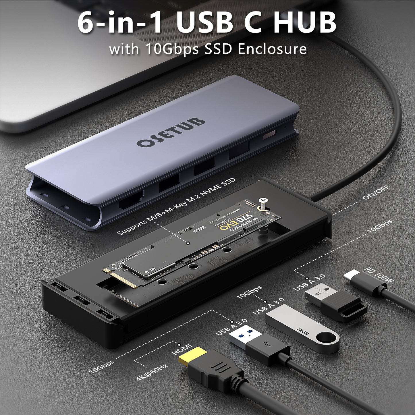 USB C Hub M.2 NVMe SSD Enclosure, 6 in 1  USB C Hub Multiport Adapter Fits PCIe 3.0 NVMe M.2 SSD, with 4K/60Hz HDMI, 10Gbps USB 3.0(3 Ports),100W PD Compatible with MacBook Pro and Type-C Devices