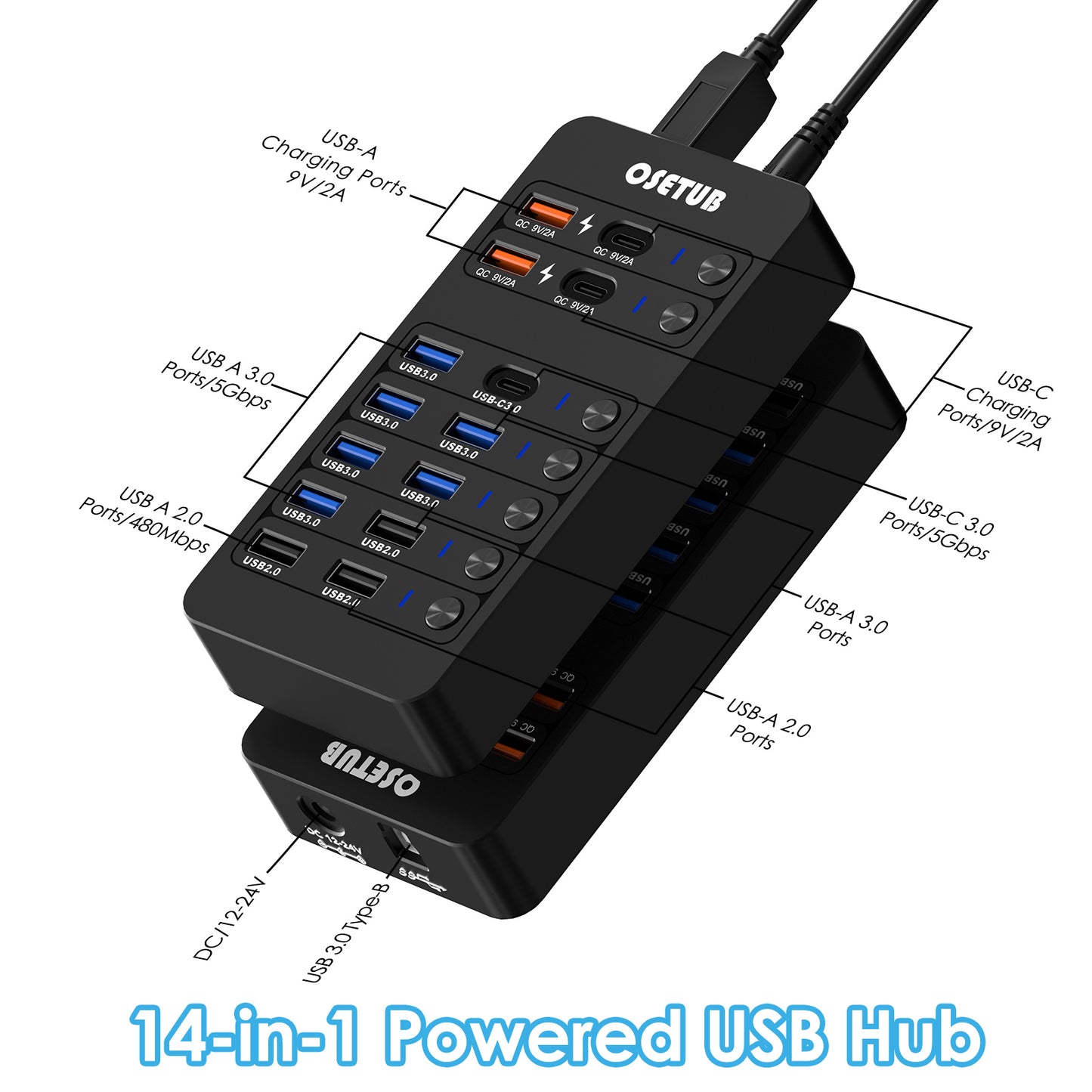 14-in-1 Powered USB Hub with Individual On/Off Switches, 6 USB 3.0, 3 USB 2.0, 2 USB-A/USB-C Charging Ports, 1 USB-C 3.0 Data Port, 1 PD 60W Charging Port, 1 USB 3.0 Type-B for HDD Dock, Ideal for Steam Deck, MacBook, iMac, Surface Pro, PC