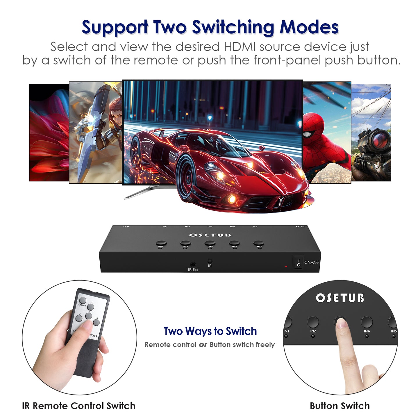 4K@60Hz 5 in 1 out HDMI Switch, 5 Port HDMI Switcher Selector Support HDR10 & HDCP 2.2 & Full 3D with IR Remote Control and ON/OFF Switch for Nintendo Switch,Xbox PS5/PS4,Fire Stick,Roku,Apple TV