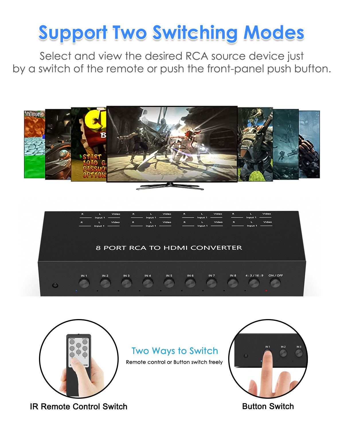 8 Port RCA to HDMI Converter, Dual AV to HDMI Converter Supports 16:9/4:3 Composite to HDMI Adapter Support 1080P PAL/NTSC Compatible with Sega/Xbox/PS1/PS2/PS3/WII/N64/VHS, VCRs, and DVD Players