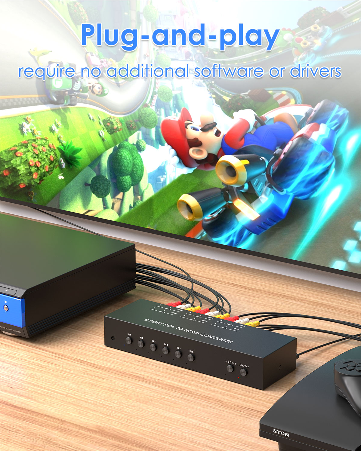 8 Port RCA to HDMI Converter, Dual AV to HDMI Converter Supports 16:9/4:3 Composite to HDMI Adapter Support 1080P PAL/NTSC Compatible with Sega/Xbox/PS1/PS2/PS3/WII/N64/VHS, VCRs, and DVD Players