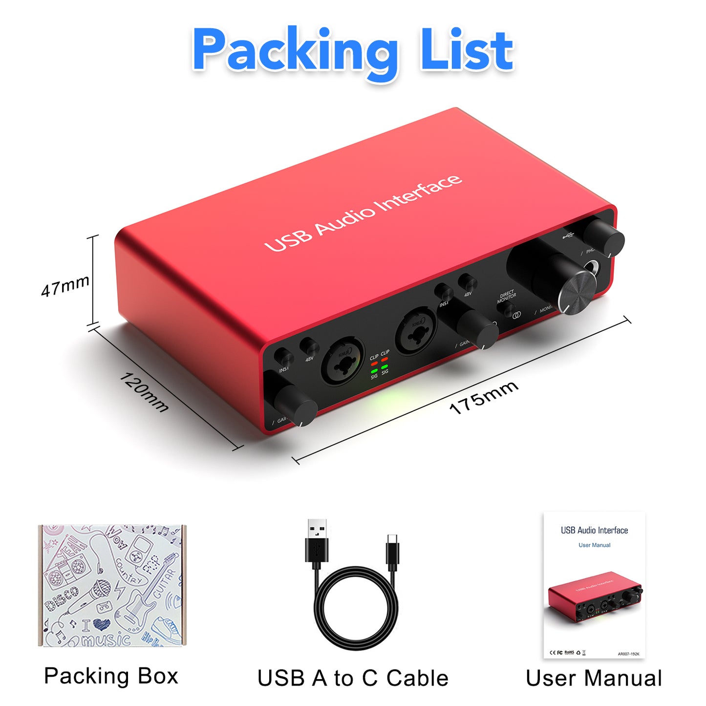 2i2 USB Audio Interface with 48V Phantom Power 24Bit/192kHz 4 Line Outputs & 2 Line Inputs for the Musicians, Vocalist, Podcaster or Producer,USB Audio Interface Works with Most DAWs and Recording Software