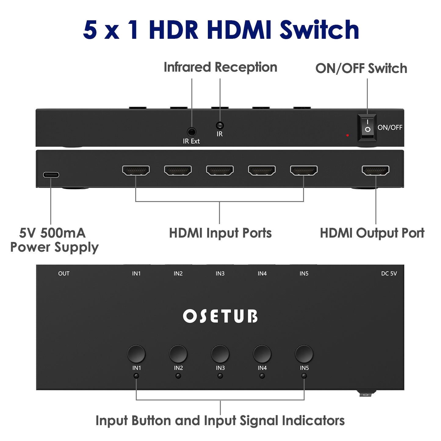 4K@60Hz 5 in 1 out HDMI Switch, 5 Port HDMI Switcher Selector Support HDR10 & HDCP 2.2 & Full 3D with IR Remote Control and ON/OFF Switch for Nintendo Switch,Xbox PS5/PS4,Fire Stick,Roku,Apple TV