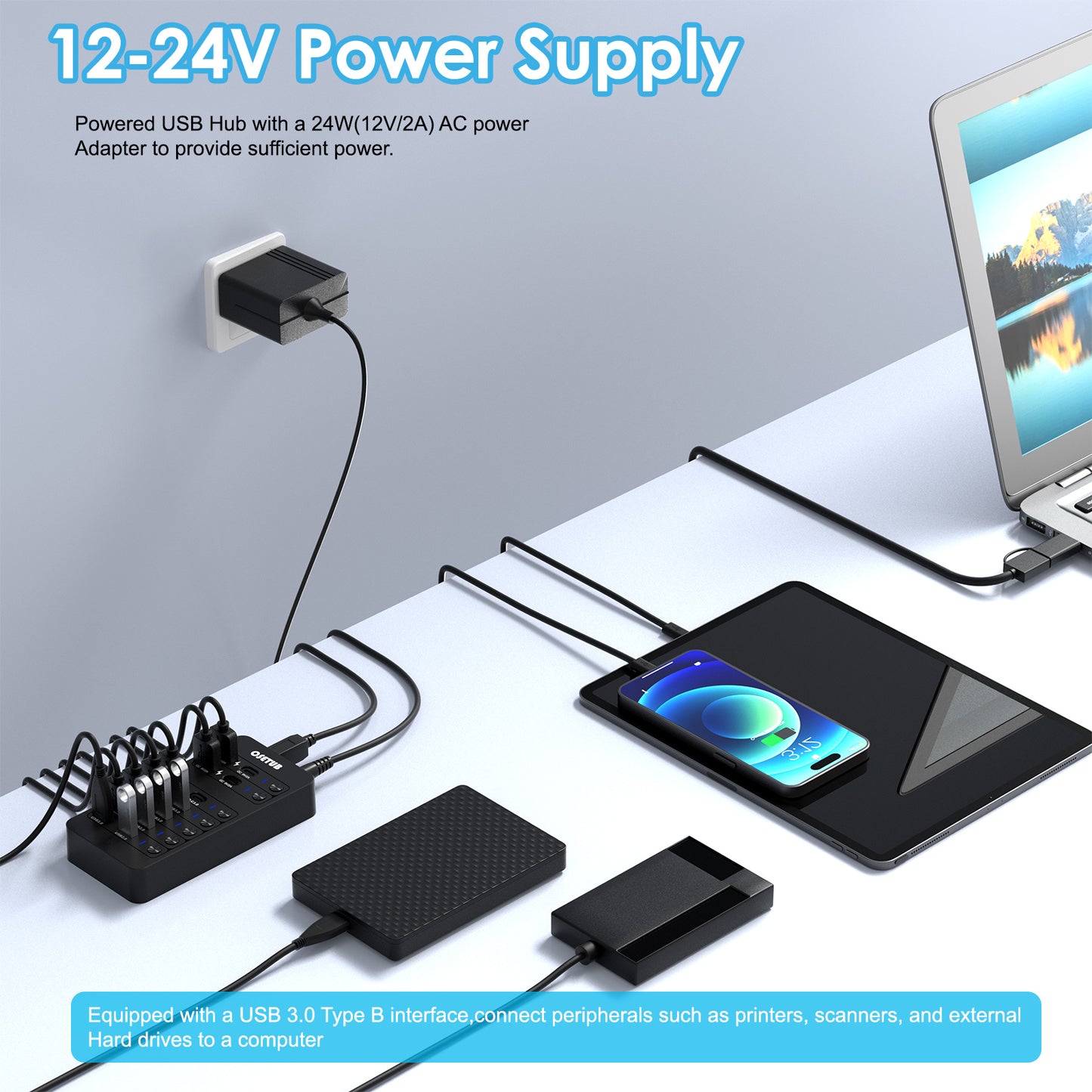 14-in-1 Powered USB Hub with Individual On/Off Switches, 6 USB 3.0, 3 USB 2.0, 2 USB-A/USB-C Charging Ports, 1 USB-C 3.0 Data Port, 1 PD 60W Charging Port, 1 USB 3.0 Type-B for HDD Dock, Ideal for Steam Deck, MacBook, iMac, Surface Pro, PC