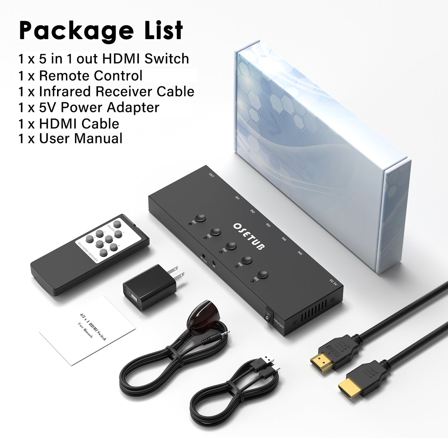 4K@60Hz 5 in 1 out HDMI Switch, 5 Port HDMI Switcher Selector Support HDR10 & HDCP 2.2 & Full 3D with IR Remote Control and ON/OFF Switch for Nintendo Switch,Xbox PS5/PS4,Fire Stick,Roku,Apple TV