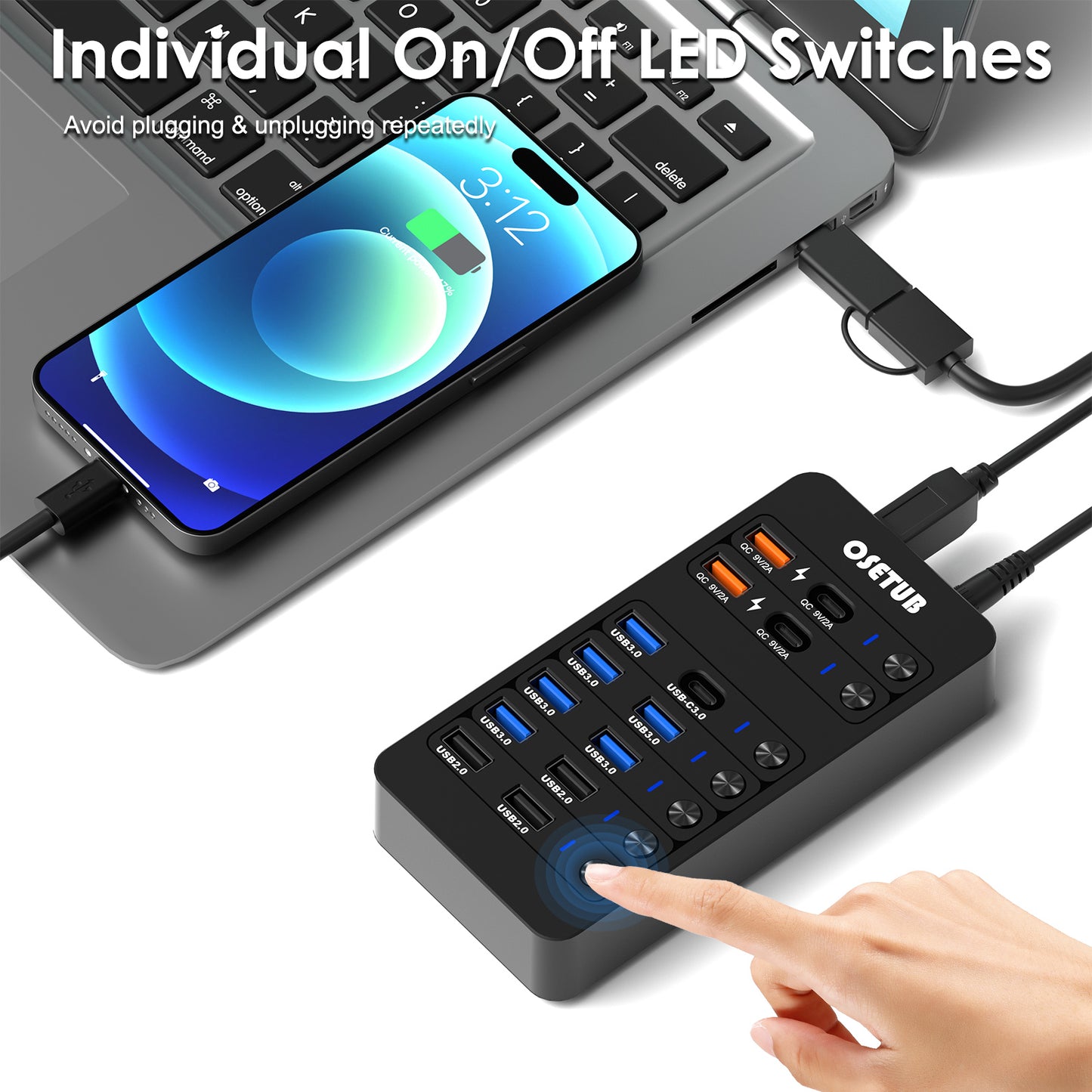 14-in-1 Powered USB Hub with Individual On/Off Switches, 6 USB 3.0, 3 USB 2.0, 2 USB-A/USB-C Charging Ports, 1 USB-C 3.0 Data Port, 1 PD 60W Charging Port, 1 USB 3.0 Type-B for HDD Dock, Ideal for Steam Deck, MacBook, iMac, Surface Pro, PC
