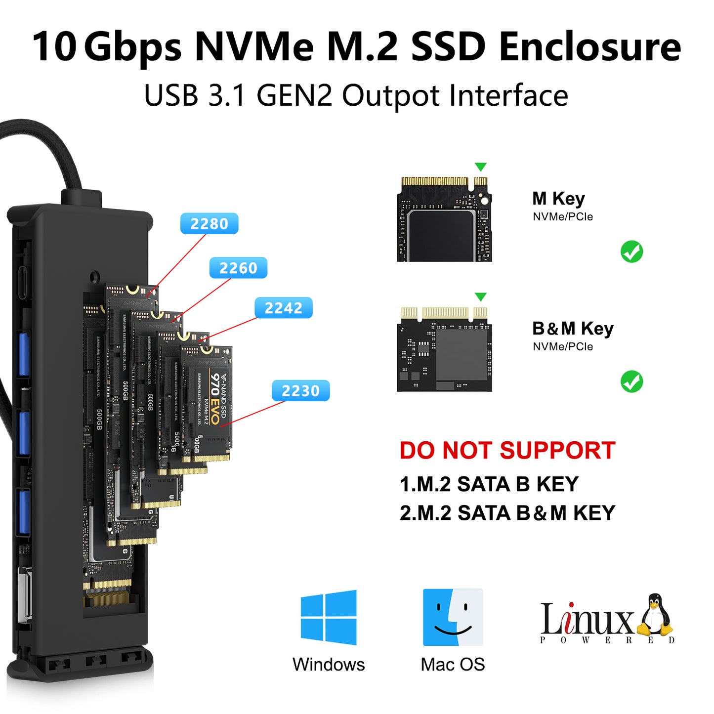 USB C Hub M.2 NVMe SSD Enclosure, 6 in 1  USB C Hub Multiport Adapter Fits PCIe 3.0 NVMe M.2 SSD, with 4K/60Hz HDMI, 10Gbps USB 3.0(3 Ports),100W PD Compatible with MacBook Pro and Type-C Devices