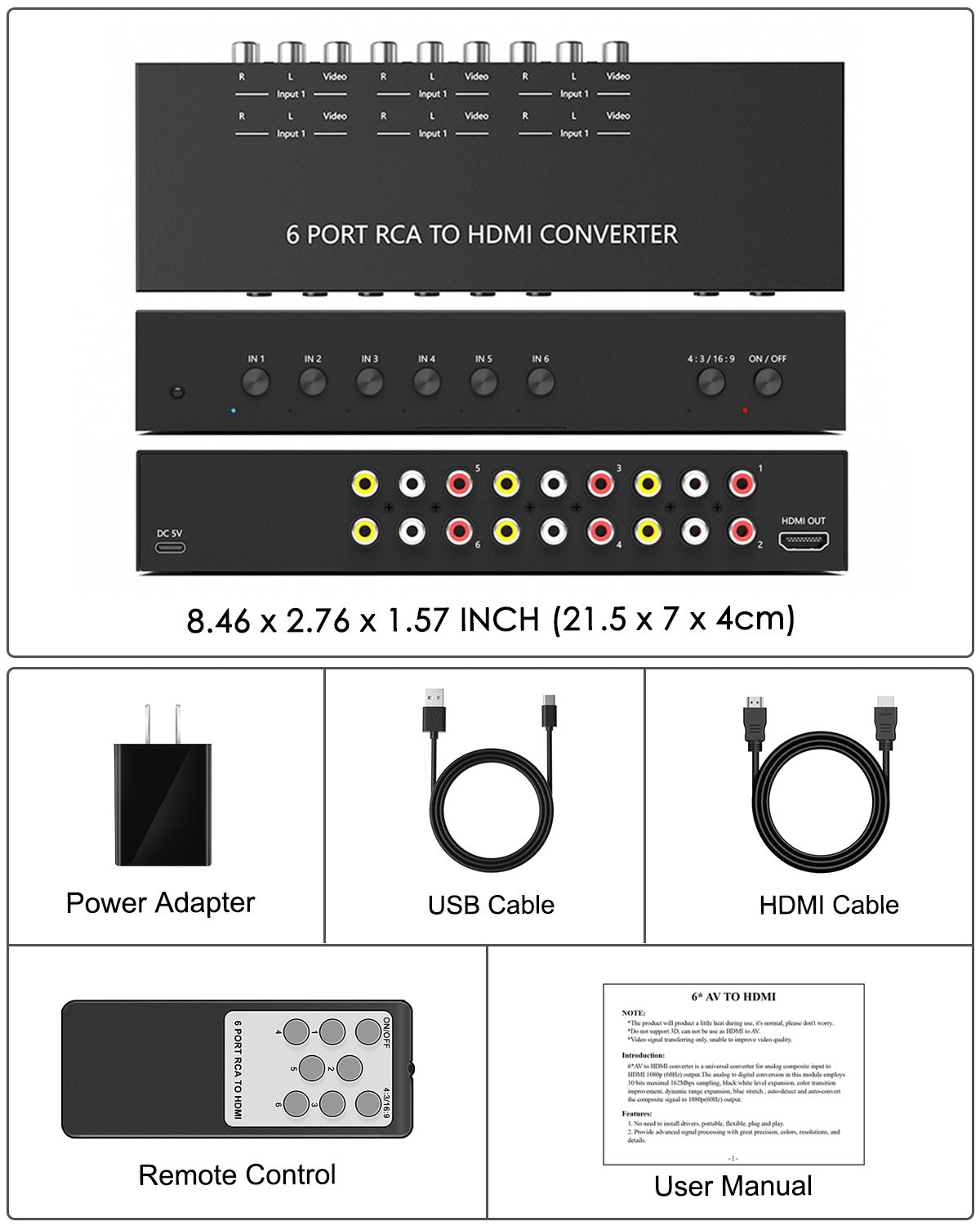 6 Port RCA to HDMI Converter, Dual AV to HDMI Converter Supports 16:9/4:3 Composite to HDMI Adapter Support 1080P PAL/NTSC Compatible with Sega/Xbox/PS1/PS2/PS3/WII/N64/VHS, VCRs, and DVD Players