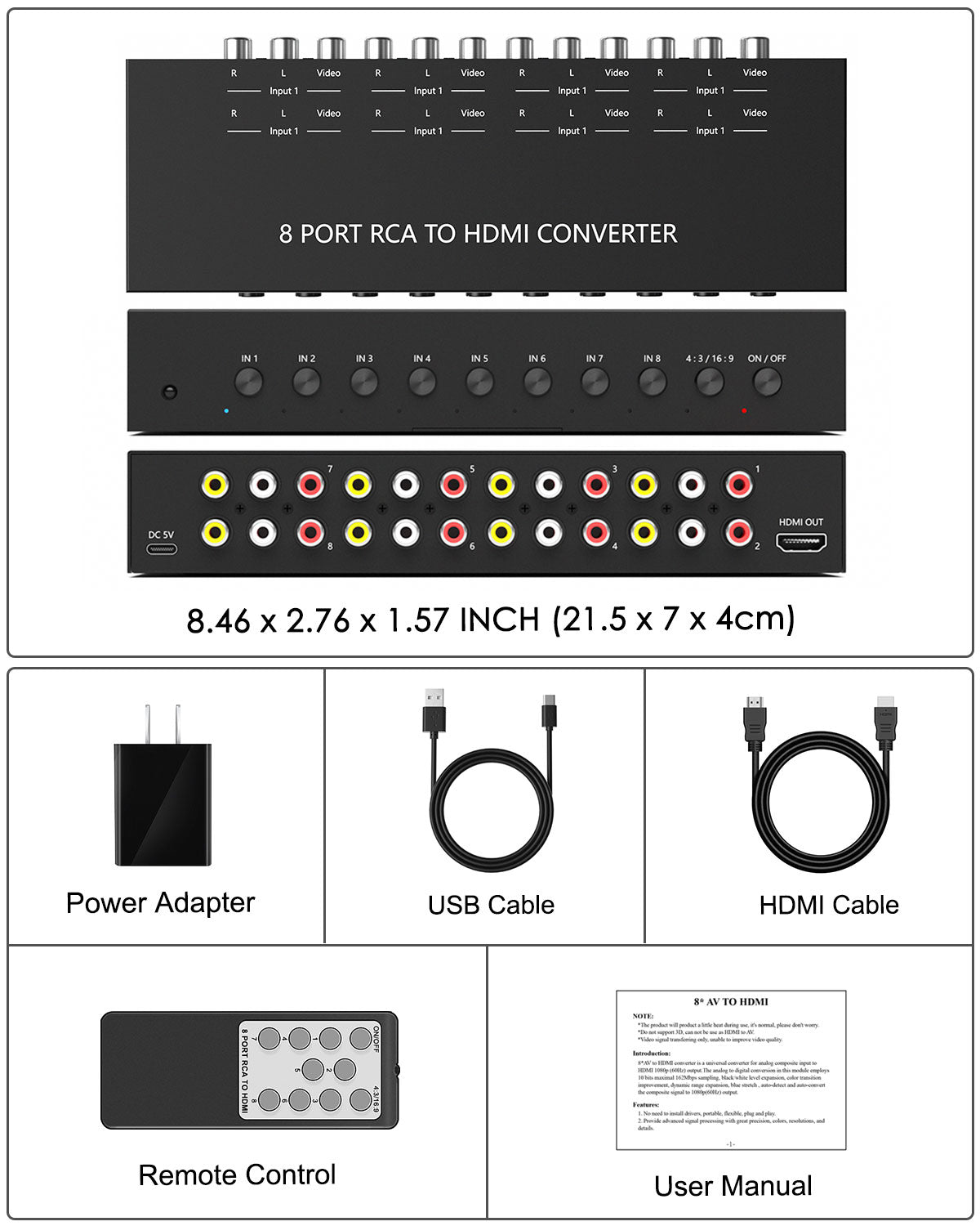 8 Port RCA to HDMI Converter, Dual AV to HDMI Converter Supports 16:9/4:3 Composite to HDMI Adapter Support 1080P PAL/NTSC Compatible with Sega/Xbox/PS1/PS2/PS3/WII/N64/VHS, VCRs, and DVD Players