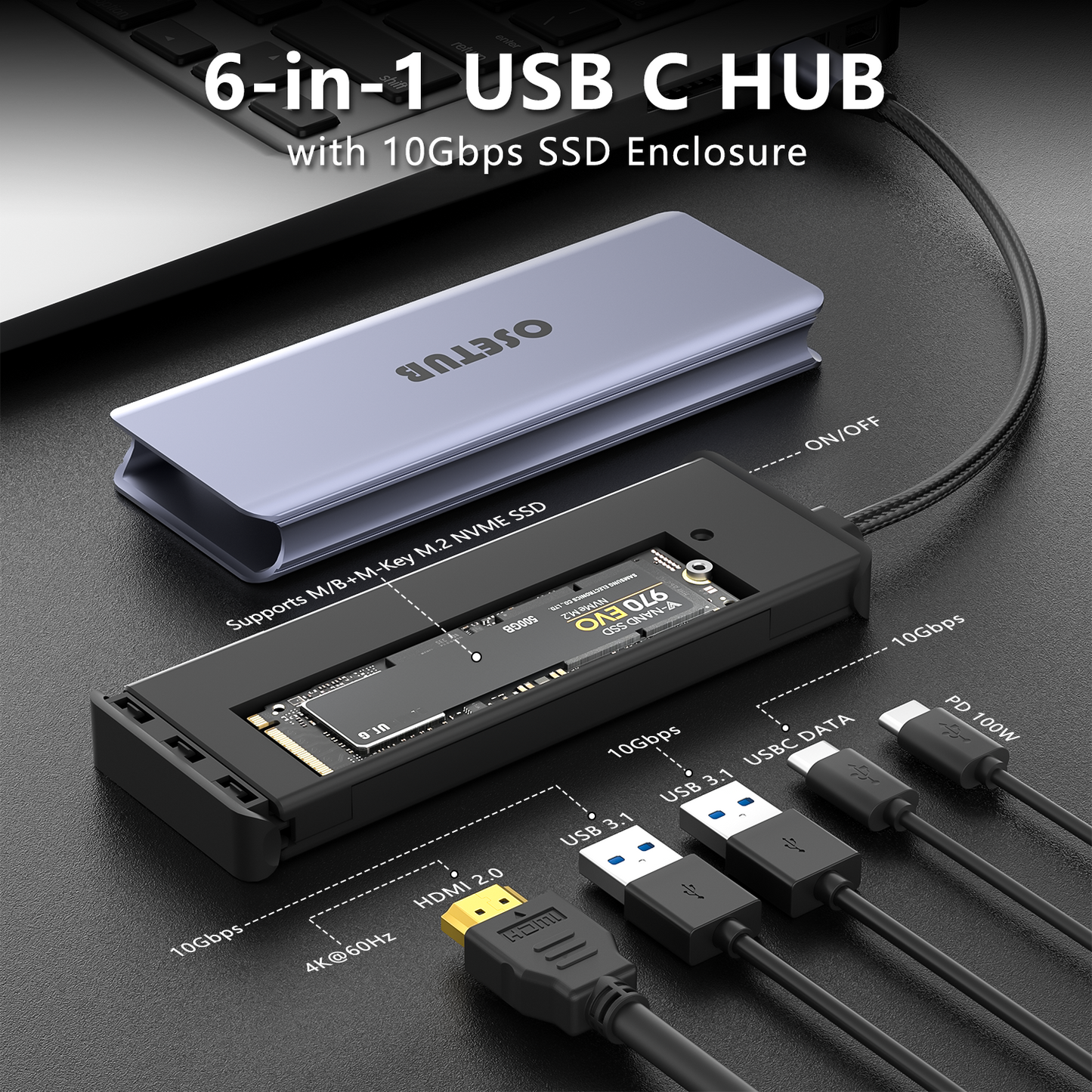 USB C Hub M.2 NVMe SSD Enclosure, 6 in 1 USB C Hub Multiport Adapter Fits PCIe 3.0 NVMe M.2 SSD, with 4K/60Hz HDMI,10Gbps USB 3.1 Gen2(2 Ports),10Gbps USB-C,100W PD Compatible with MacBook Pro