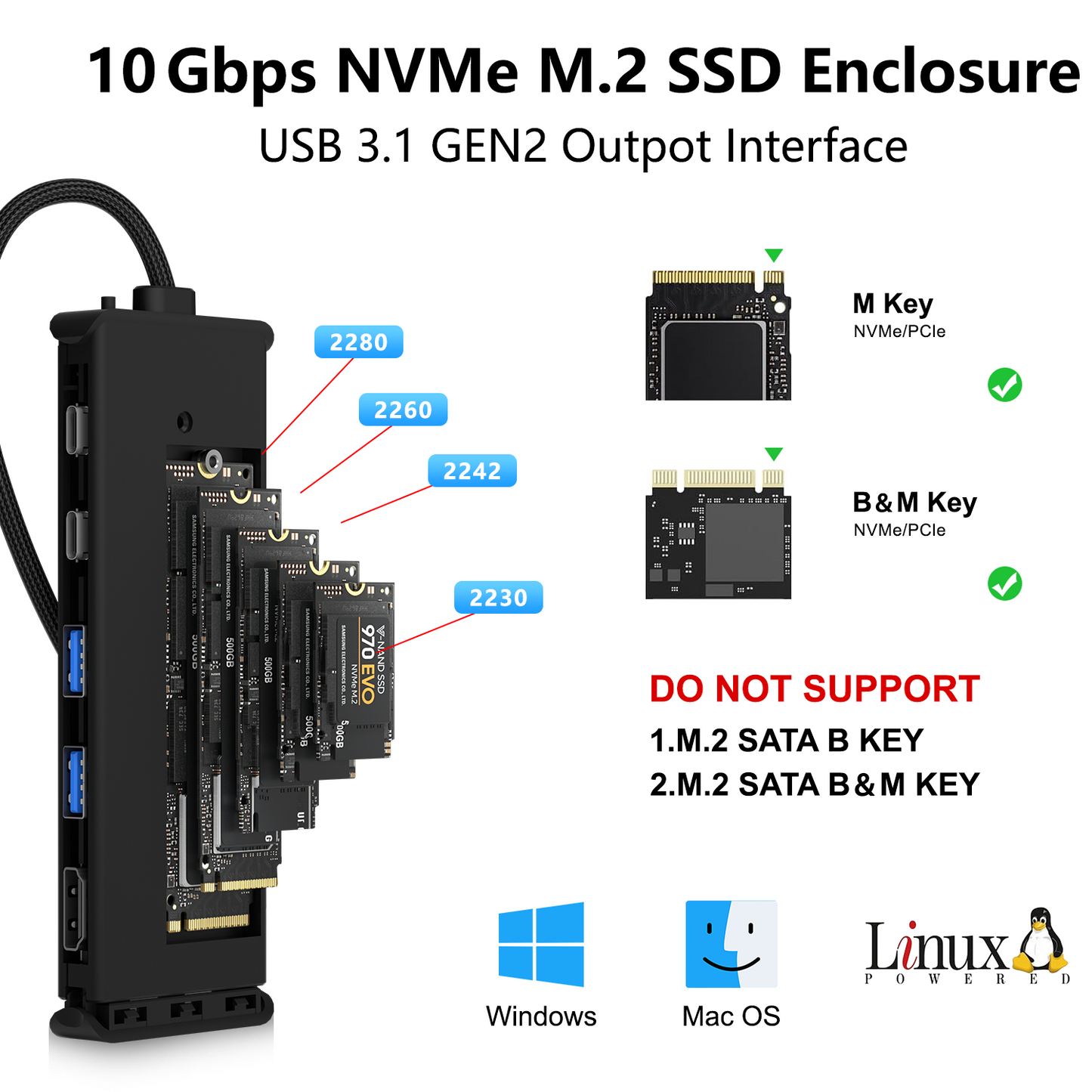 USB C Hub M.2 NVMe SSD Enclosure, 6 in 1 USB C Hub Multiport Adapter Fits PCIe 3.0 NVMe M.2 SSD, with 4K/60Hz HDMI,10Gbps USB 3.1 Gen2(2 Ports),10Gbps USB-C,100W PD Compatible with MacBook Pro