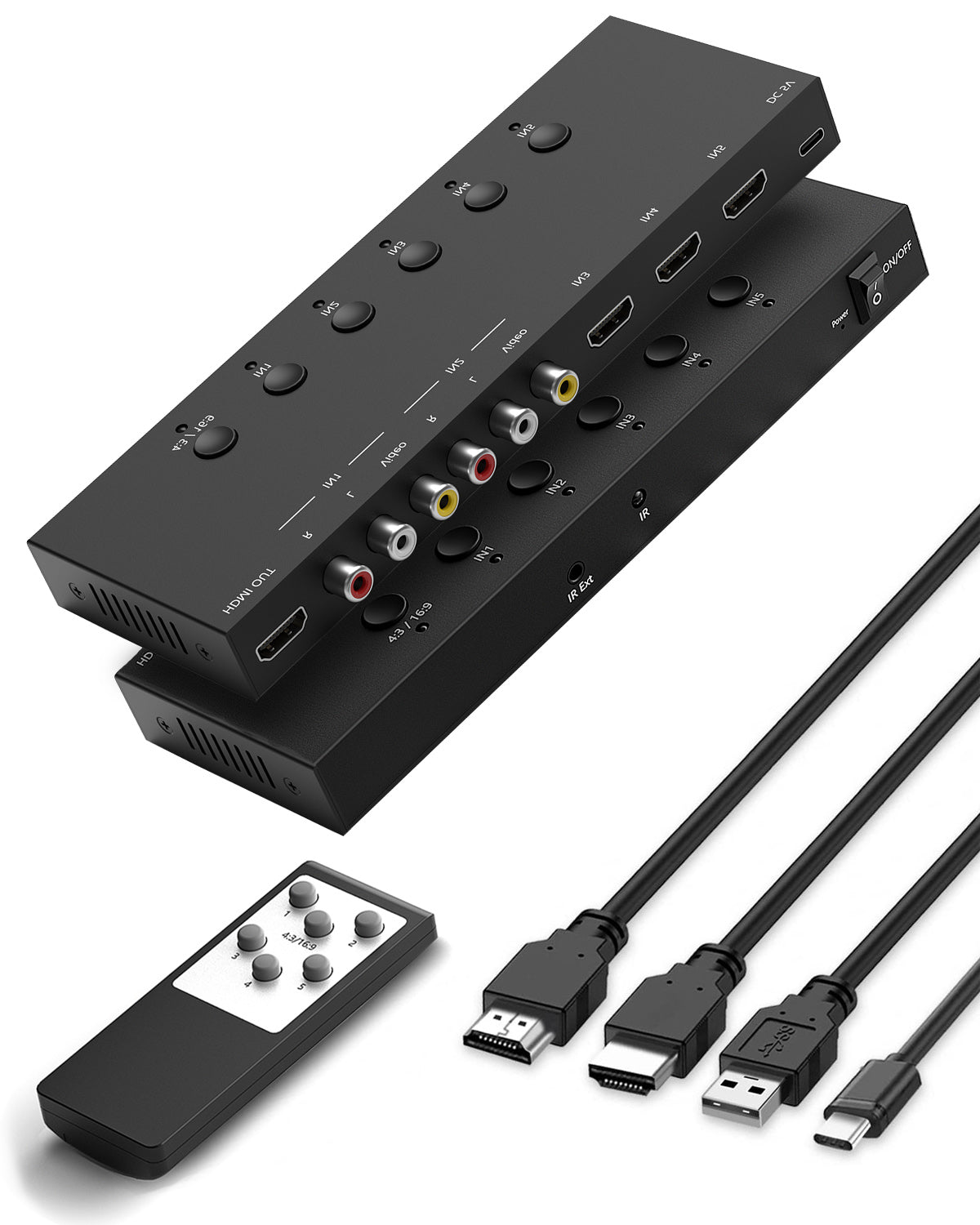 5 in 1 out HDMI/AV Switch, RCA/HDMI to HDMI Converter -2 AV Inputs, 3 HDMI Inputs, Support HDR & HDCP 2.2 & Full 3D with IR Remote Control Compatible with Sega/Xbox/PS1/PS2/Nintendo Switch,Xbox,PS5/PS4,Roku,Apple TV