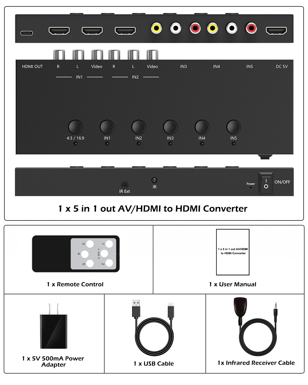 5 in 1 out HDMI/AV Switch, RCA/HDMI to HDMI Converter -2 AV Inputs, 3 HDMI Inputs, Support HDR & HDCP 2.2 & Full 3D with IR Remote Control Compatible with Sega/Xbox/PS1/PS2/Nintendo Switch,Xbox,PS5/PS4,Roku,Apple TV