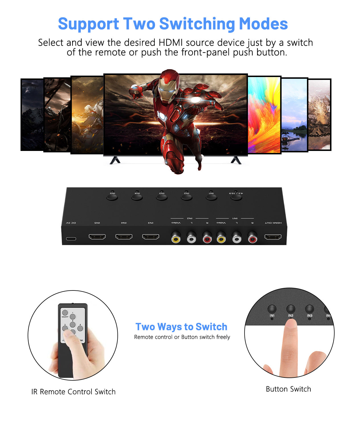 5 in 1 out HDMI/AV Switch, RCA/HDMI to HDMI Converter -2 AV Inputs, 3 HDMI Inputs, Support HDR & HDCP 2.2 & Full 3D with IR Remote Control Compatible with Sega/Xbox/PS1/PS2/Nintendo Switch,Xbox,PS5/PS4,Roku,Apple TV