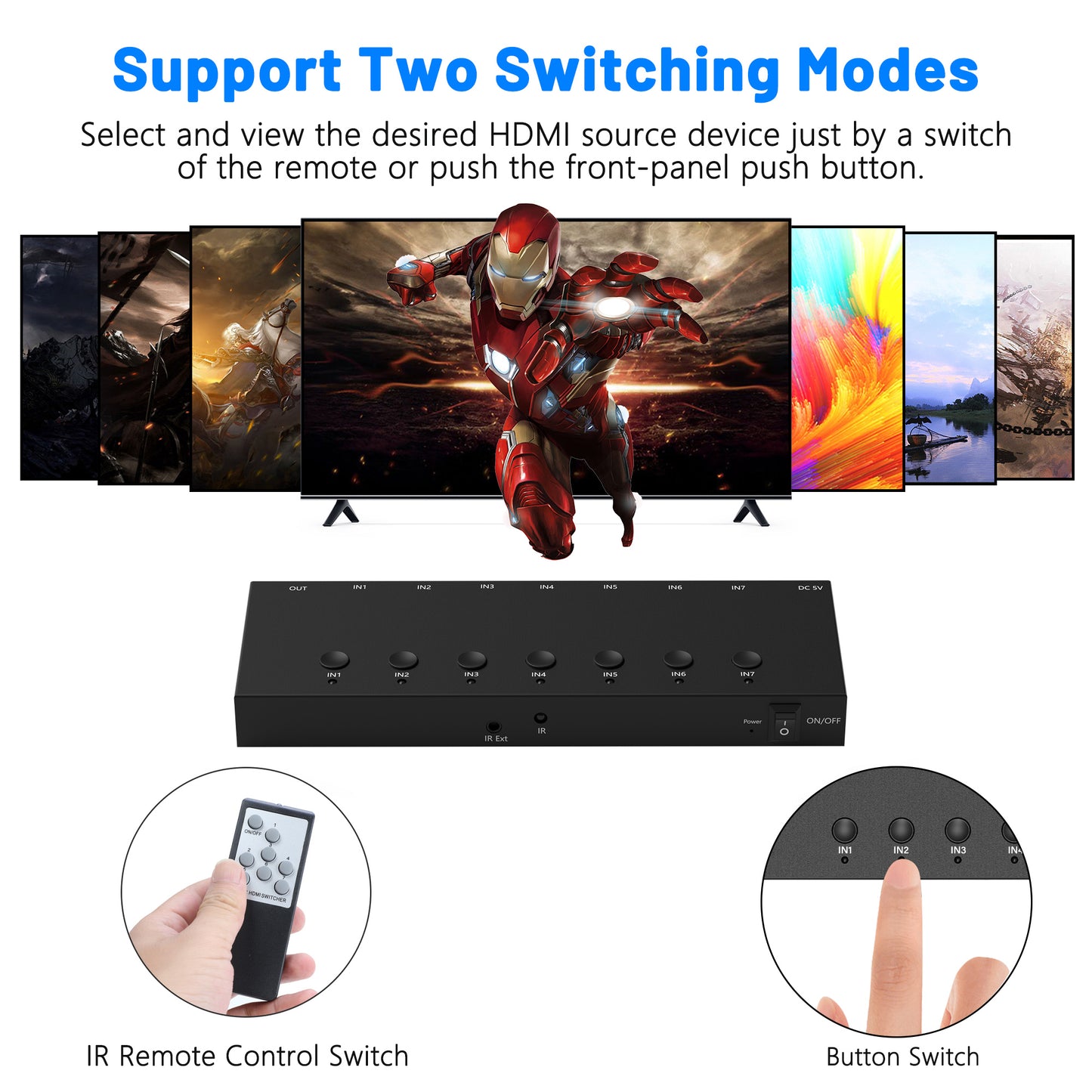 4K@60Hz 7 in 1 out HDMI Switch, 7 Port HDMI Switcher Selector Support HDR10 & HDCP 2.2 & Full 3D with IR Remote Control and ON/OFF Switch for Nintendo Switch,Xbox PS5/PS4,Fire Stick,Roku,Apple TV