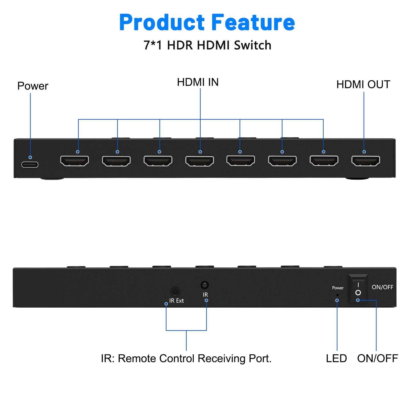 4K@60Hz 7 in 1 out HDMI Switch, 7 Port HDMI Switcher Selector Support HDR10 & HDCP 2.2 & Full 3D with IR Remote Control and ON/OFF Switch for Nintendo Switch,Xbox PS5/PS4,Fire Stick,Roku,Apple TV