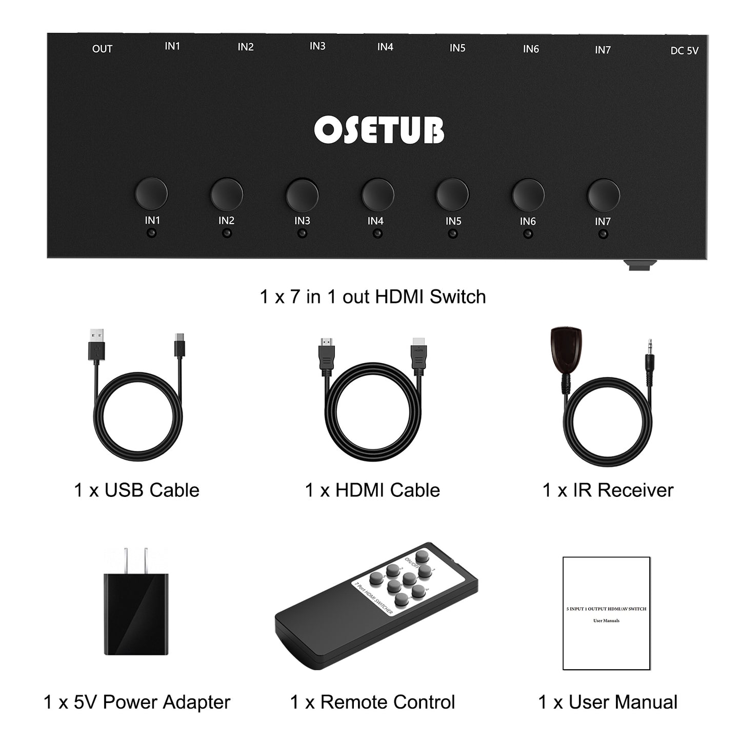 4K@60Hz 7 in 1 out HDMI Switch, 7 Port HDMI Switcher Selector Support HDR10 & HDCP 2.2 & Full 3D with IR Remote Control and ON/OFF Switch for Nintendo Switch,Xbox PS5/PS4,Fire Stick,Roku,Apple TV