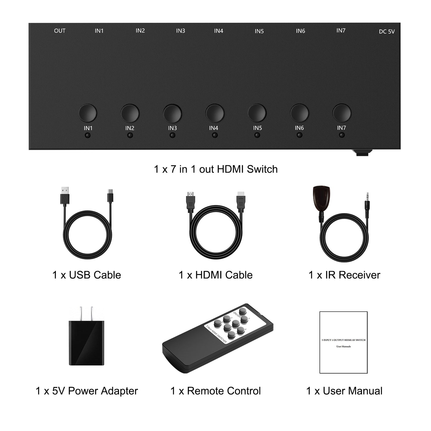 4K@60Hz 7 in 1 out HDMI Switch, 7 Port HDMI Switcher Selector Support HDR10 & HDCP 2.2 & Full 3D with IR Remote Control and ON/OFF Switch for Nintendo Switch,Xbox PS5/PS4,Fire Stick,Roku,Apple TV