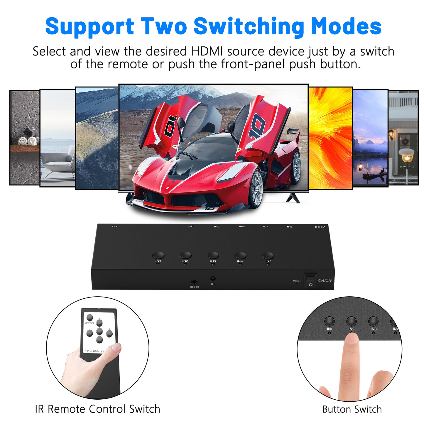4K@60Hz 5 in 1 out HDMI Switch, 5 Port HDMI Switcher Selector Support HDR10 & HDCP 2.2 & Full 3D with IR Remote Control and ON/OFF Switch for Nintendo Switch,Xbox PS5/PS4,Fire Stick,Roku,Apple TV