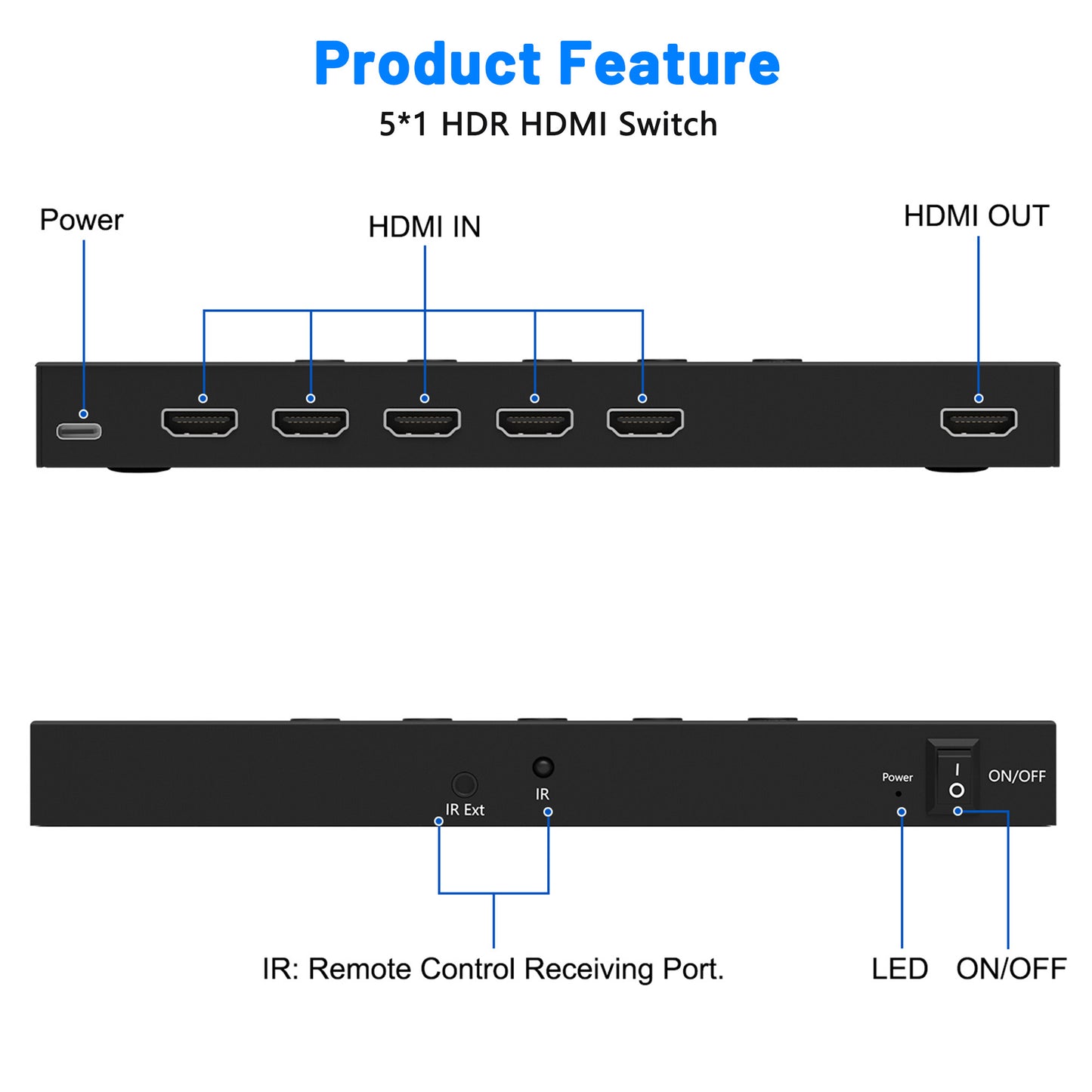 4K@60Hz 5 in 1 out HDMI Switch, 5 Port HDMI Switcher Selector Support HDR10 & HDCP 2.2 & Full 3D with IR Remote Control and ON/OFF Switch for Nintendo Switch,Xbox PS5/PS4,Fire Stick,Roku,Apple TV