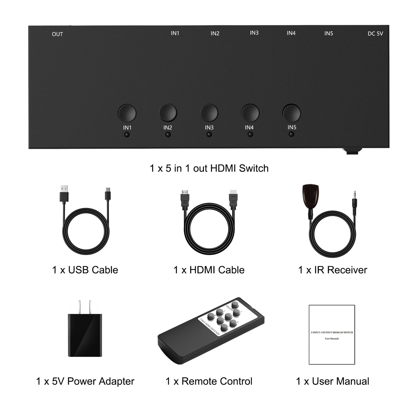 4K@60Hz 5 in 1 out HDMI Switch, 5 Port HDMI Switcher Selector Support HDR10 & HDCP 2.2 & Full 3D with IR Remote Control and ON/OFF Switch for Nintendo Switch,Xbox PS5/PS4,Fire Stick,Roku,Apple TV