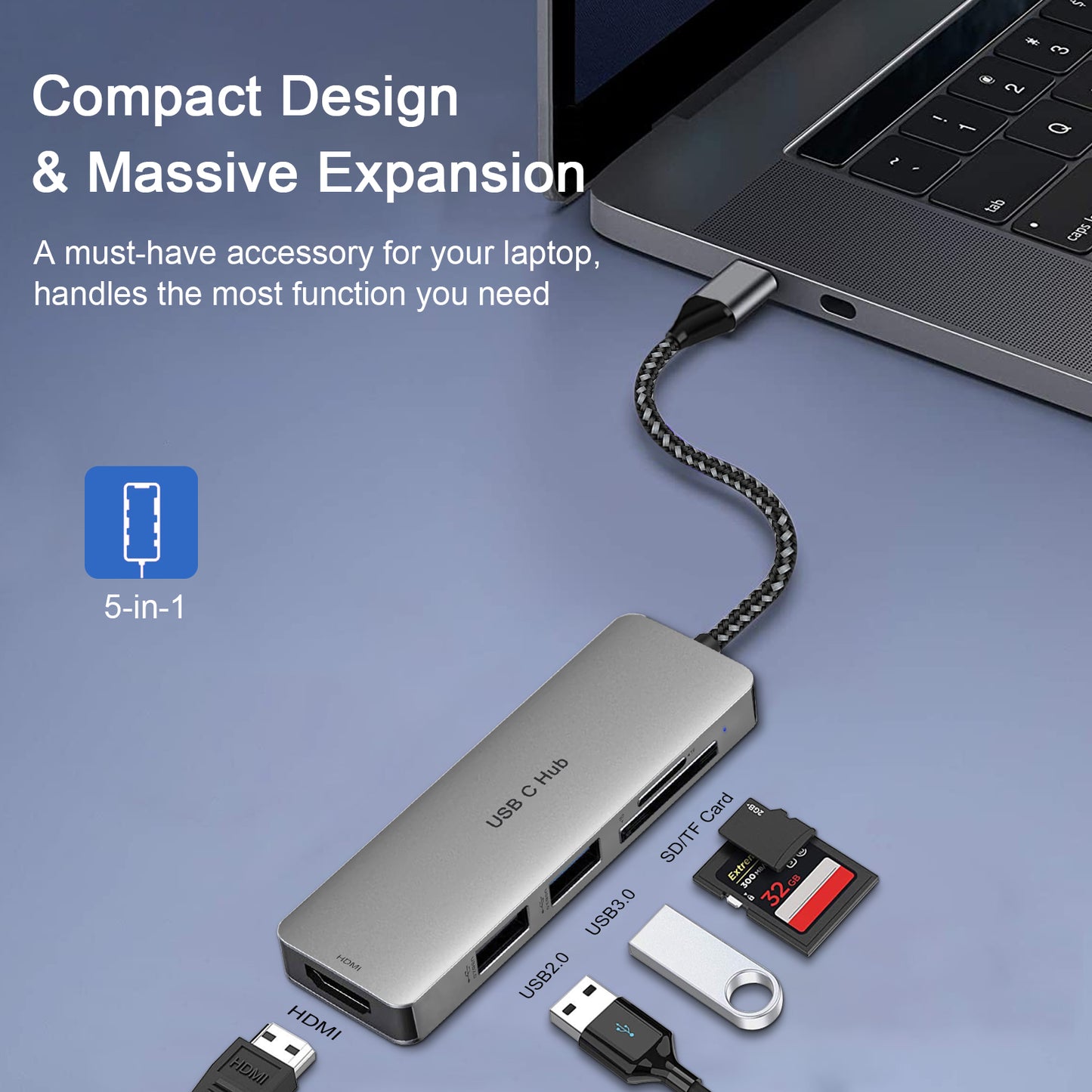USB C Hub, 5-in-1 Type-C Hub Multi-Port USB C Adapter with 4K USB C to High Definition, USB 3.0 Ports, USB 2.0 Ports, SD and TF Card Readers Compatible with iPad Pro/MacBook/Type C Devices