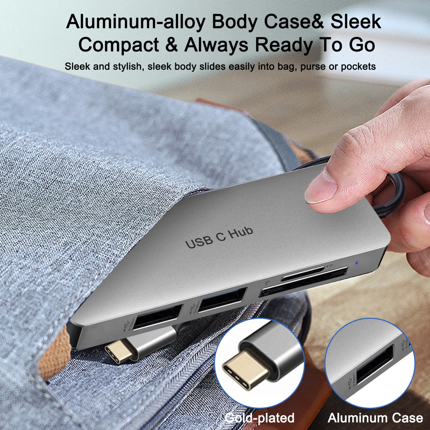 USB C Hub, 5-in-1 Type-C Hub Multi-Port USB C Adapter with 4K USB C to High Definition, USB 3.0 Ports, USB 2.0 Ports, SD and TF Card Readers Compatible with iPad Pro/MacBook/Type C Devices