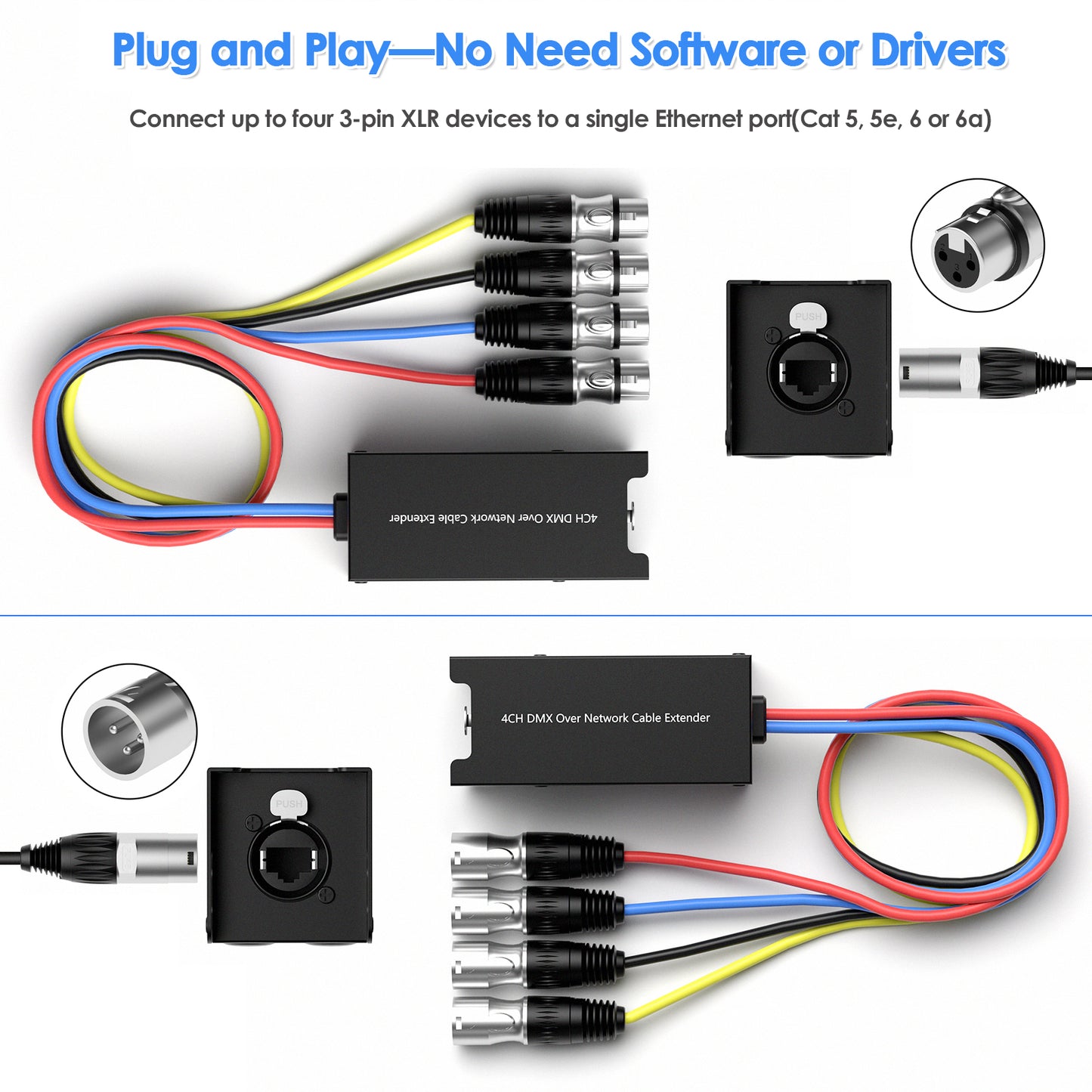 4 Channel 3-Pin 3.3 FT Multi Network XLR Cable Male and Female to Single Ethercon — XLR, AES, DMX Over RJ45 Cat5/Cat6, Multi Network Snake Receiver for Stage Performances, Recording Studios, and More
