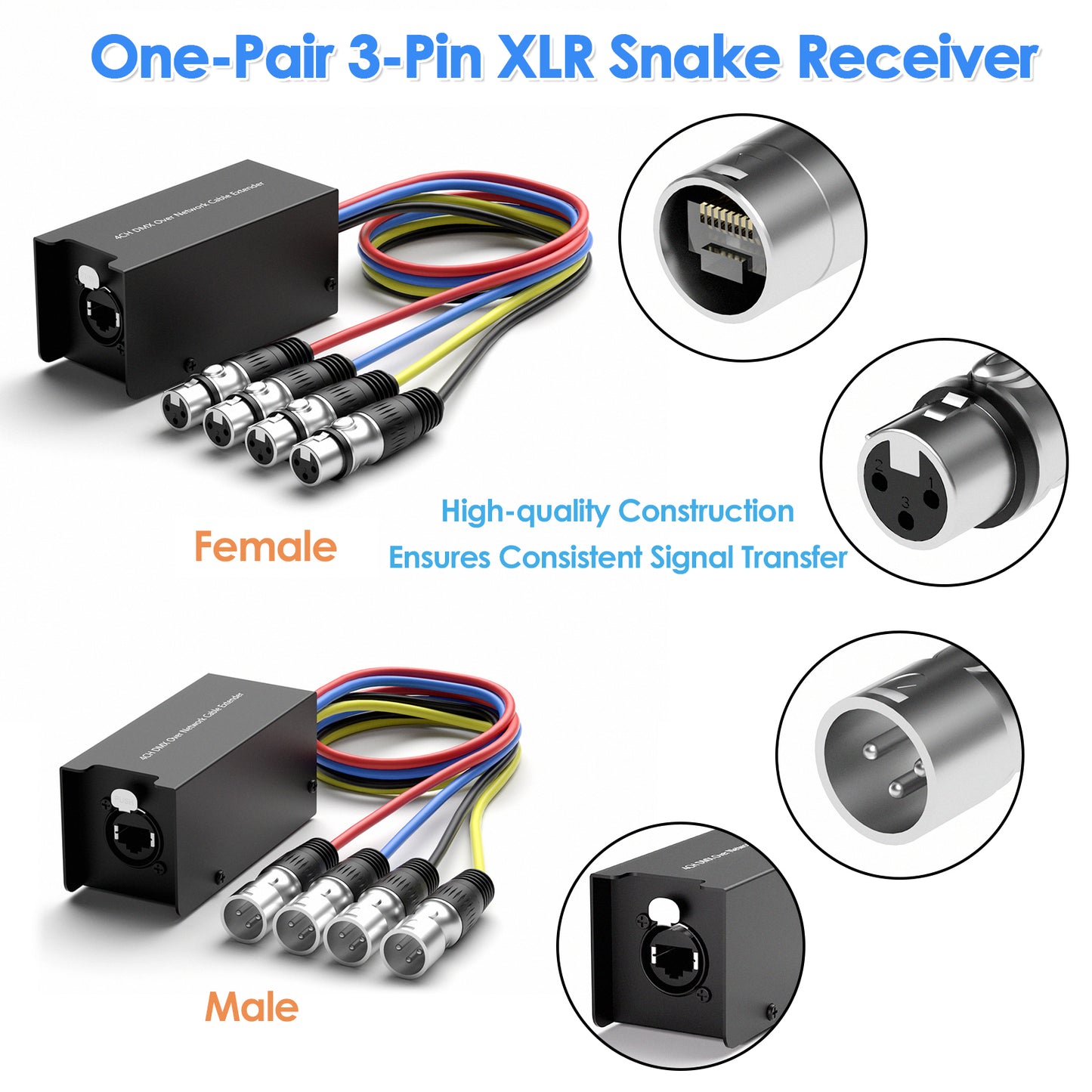 4 Channel 3-Pin 3.3 FT Multi Network XLR Cable Male and Female to Single Ethercon — XLR, AES, DMX Over RJ45 Cat5/Cat6, Multi Network Snake Receiver for Stage Performances, Recording Studios, and More