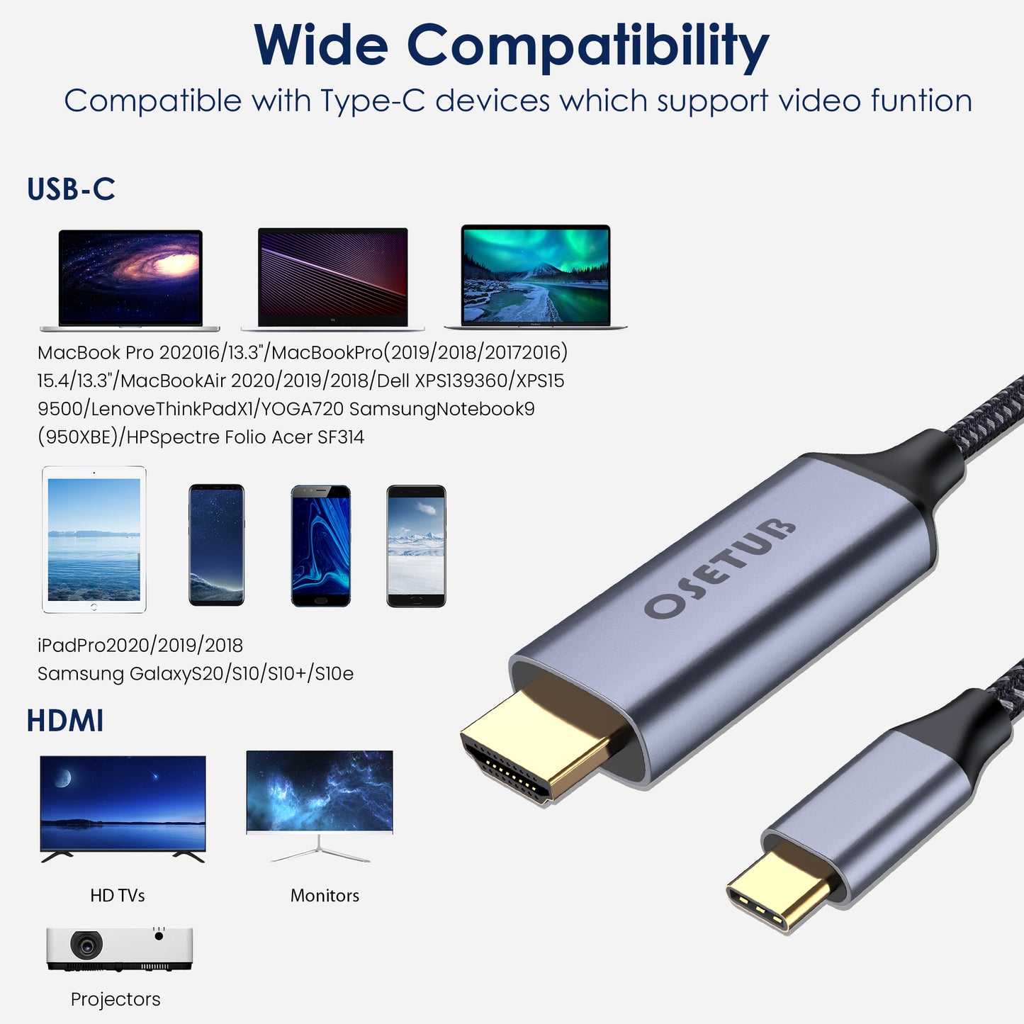 USB C to High Definition Cable 4K 60HZ, 6.6ft USB Type C to High Definition Cable for Home Office Connect Laptop and Phone to TV Compatible with MacBook Pro/MacBook Air M1 2020, iPad Pro 2021, Dell XPS 13/15 and More