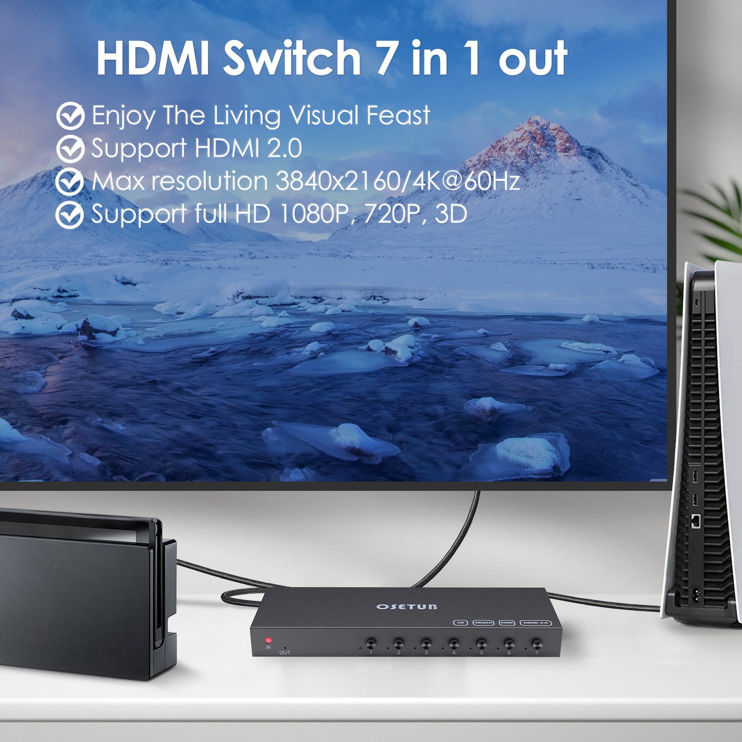 4K@60Hz 7 Port High Definition Switch, 7 in 1 Out High Definition Switcher Selector Support HDR & HDCP 2.2 & Full 3D with IR Remote Control for Nintendo Switch,Xbox PS5/PS4,Fire Stick,Roku,Apple TV