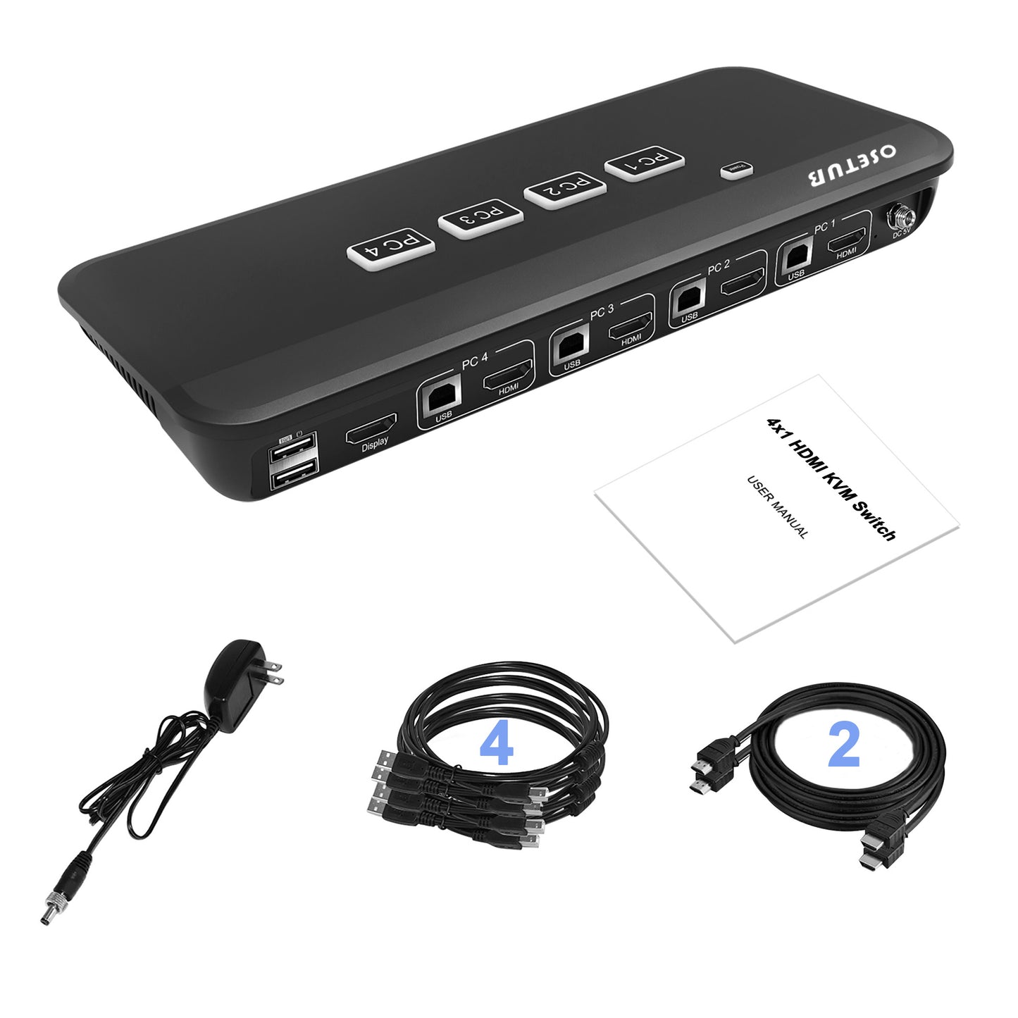 4 Port KVM Switch, 4 in 1 Out KVM Switcher Keyboard Video Mouse Peripherals 4 Computers Selector with USB Hub, 2 High Definition and 4 USB Cables for Xbox Nintendo PS5 PS4