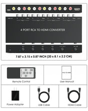 Load image into Gallery viewer, 4 Port RCA to HDMI Converter, Dual AV to HDMI Converter Supports 16:9/4:3 Composite to HDMI Adapter Support 1080P   PAL/NTSC Compatible with Sega/Xbox/PS1/PS2/PS3/WII/N64/VHS, VCRs, and DVD Players
