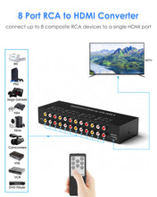 Load image into Gallery viewer, 8 Port RCA to HDMI Converter, Dual AV to HDMI Converter Supports 16:9/4:3 Composite to HDMI Adapter Support 1080P PAL/NTSC Compatible with Sega/Xbox/PS1/PS2/PS3/WII/N64/VHS, VCRs, and DVD Players
