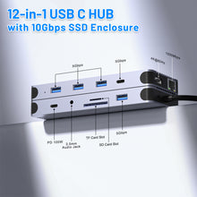Load image into Gallery viewer, 12 in 1 USB-C Hub with M.2 NVMe/SATA SSD Enclosure, USB C Hub Adapter Fits PCIe 3.0 NVMe M.2 SSD, 2.5-inch SATA HDD with 4K/60Hz HDMI,5Gbps USB 3.0,5Gbps USB-C Port,RJ45,3.5mm Audio Jack,SD/Micro SD,100W PD Compatible with MacBook Pro,XPS,Windows
