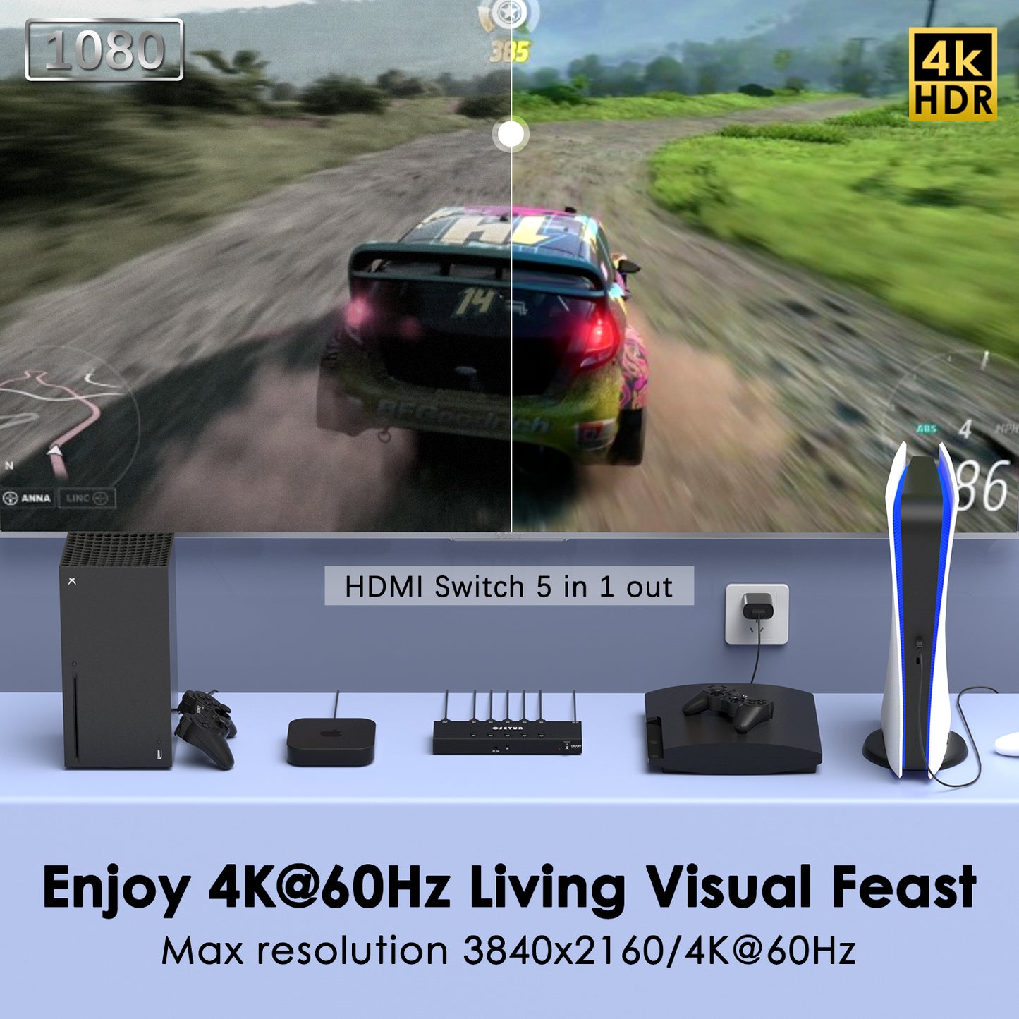 4K@60Hz 5 in 1 out HDMI Switch, 5 Port HDMI Switcher Selector Support HDR10 & HDCP 2.2 & Full 3D with IR Remote Control and ON/OFF Switch for Nintendo Switch,Xbox PS5/PS4,Fire Stick,Roku,Apple TV